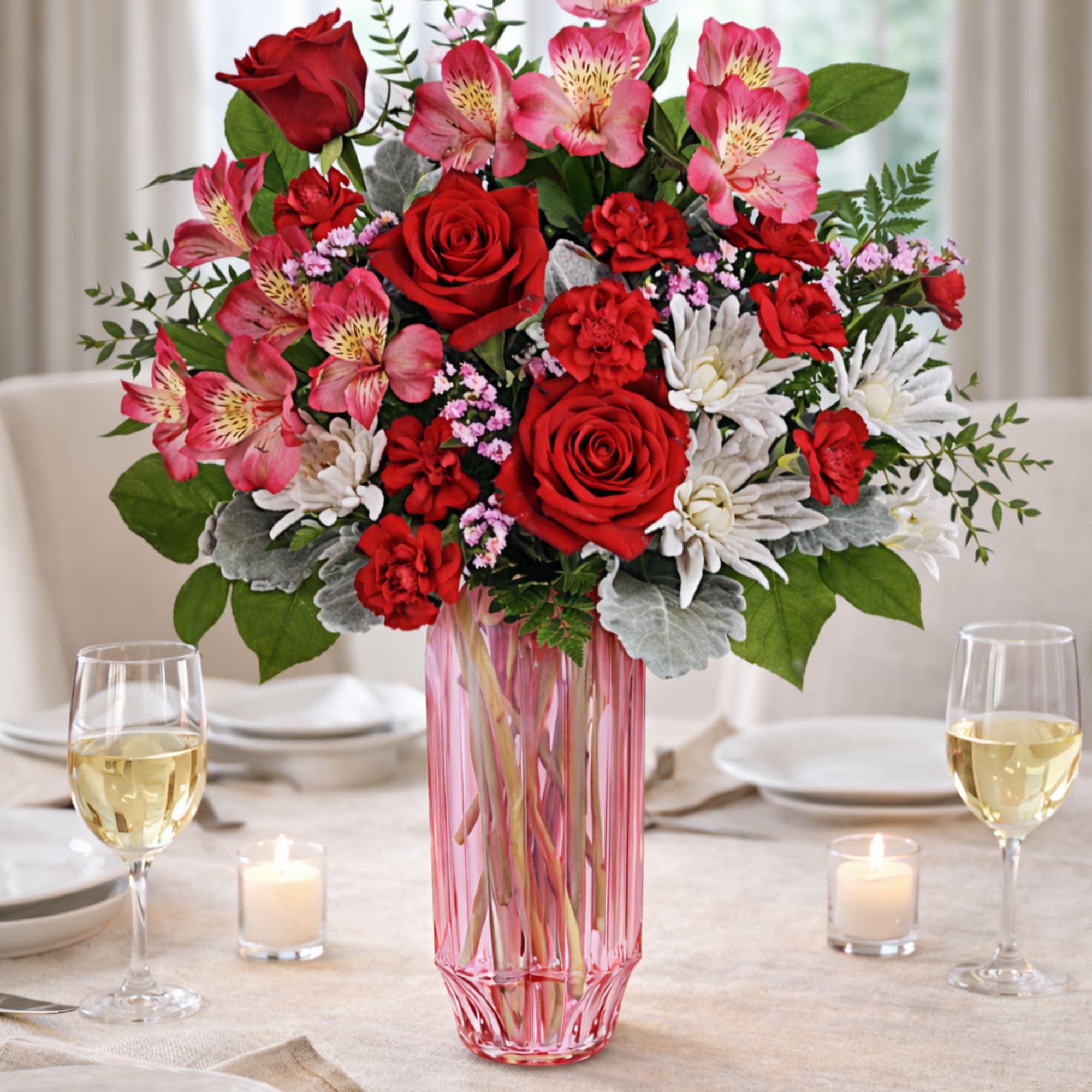 Red &amp; Pink Floral Arrangement in a Pink Glass Vase

This vibrant floral