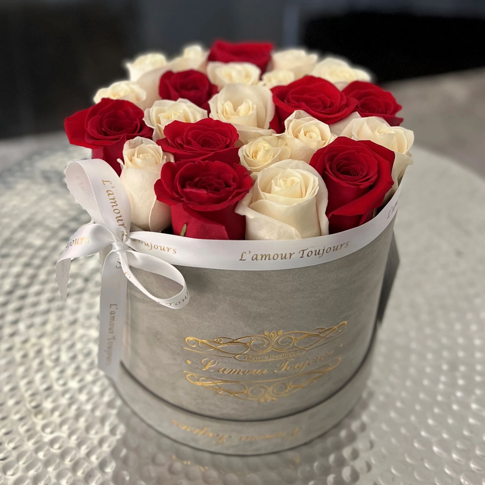 25 Premium fresh cut roses in our grey velvet signature box