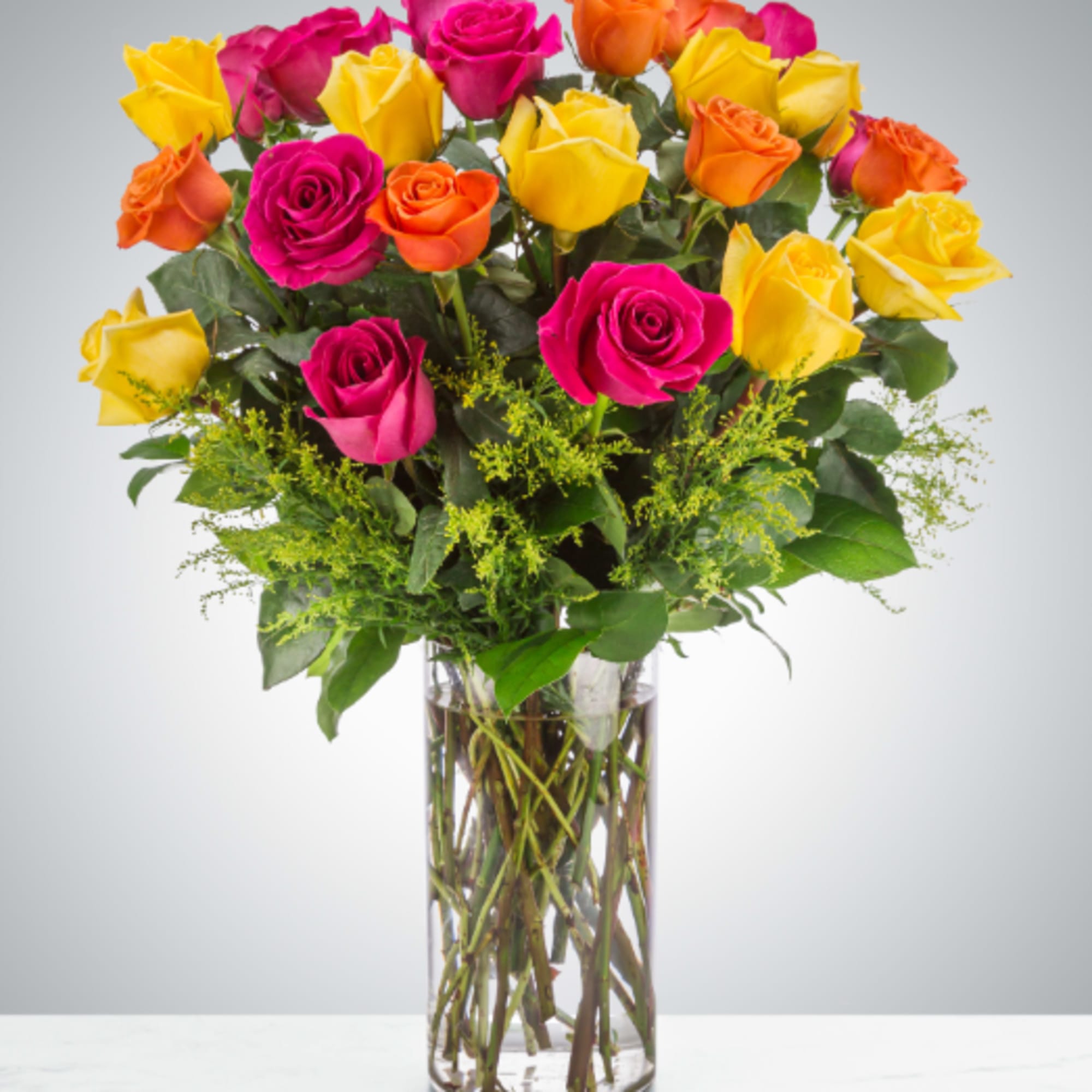 Send an explosion of color with this long-stemmed rose arrangement perfect for