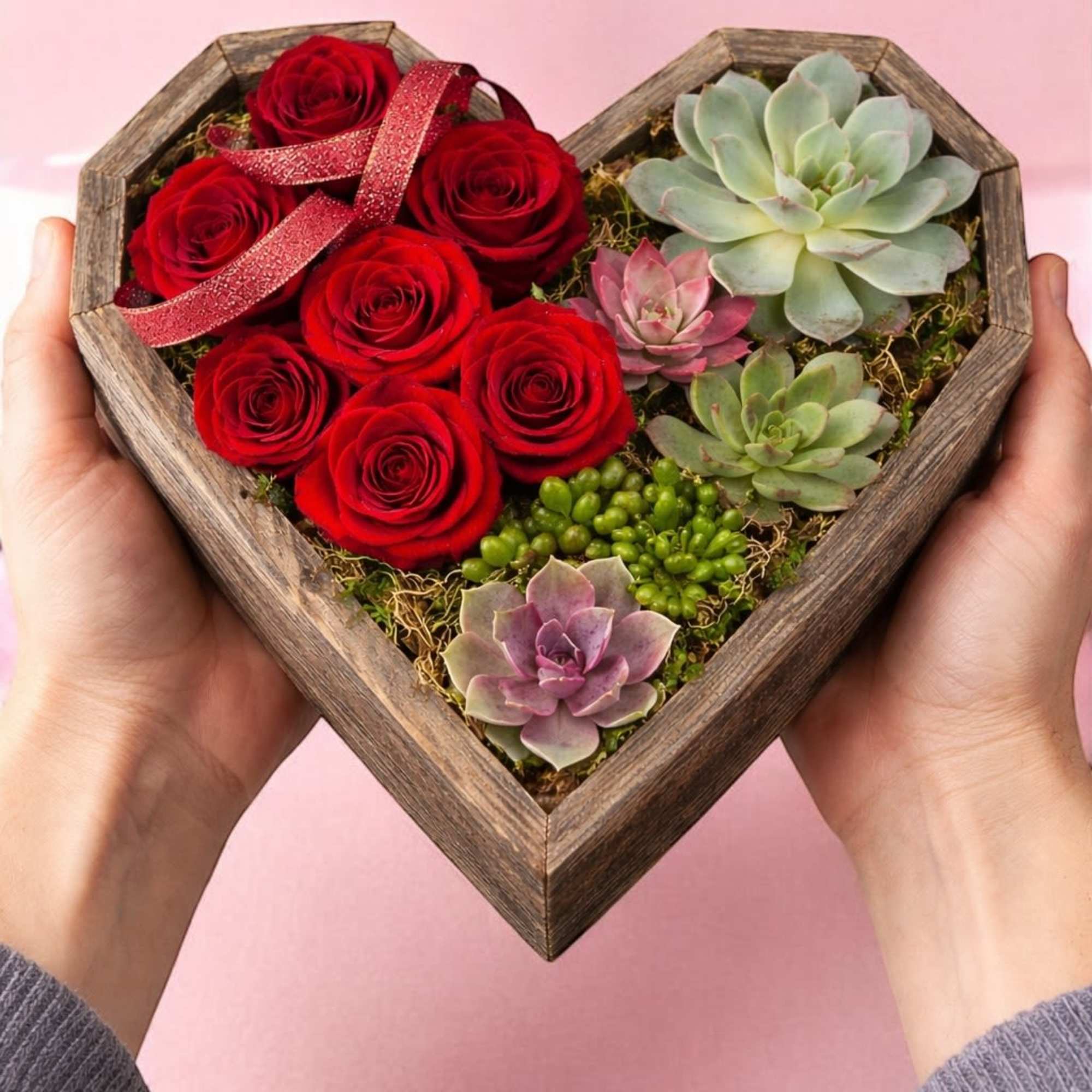 Red Roses &amp; Succulents

Designed in a reusable wooden heart keepsake, this Valentine&rsquo;s