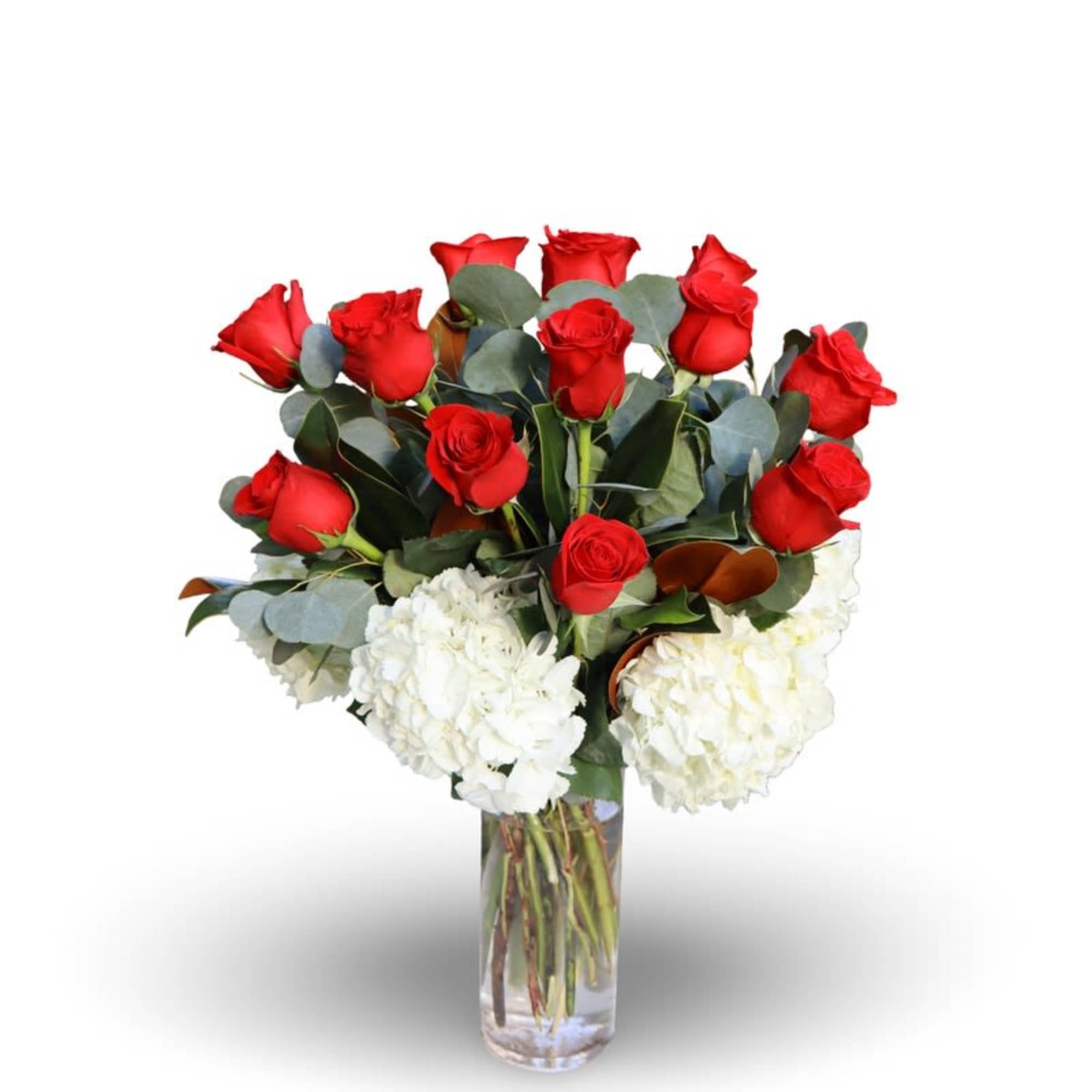 This elegant arrangement combines premium red roses with cloud-like white hydrangea and