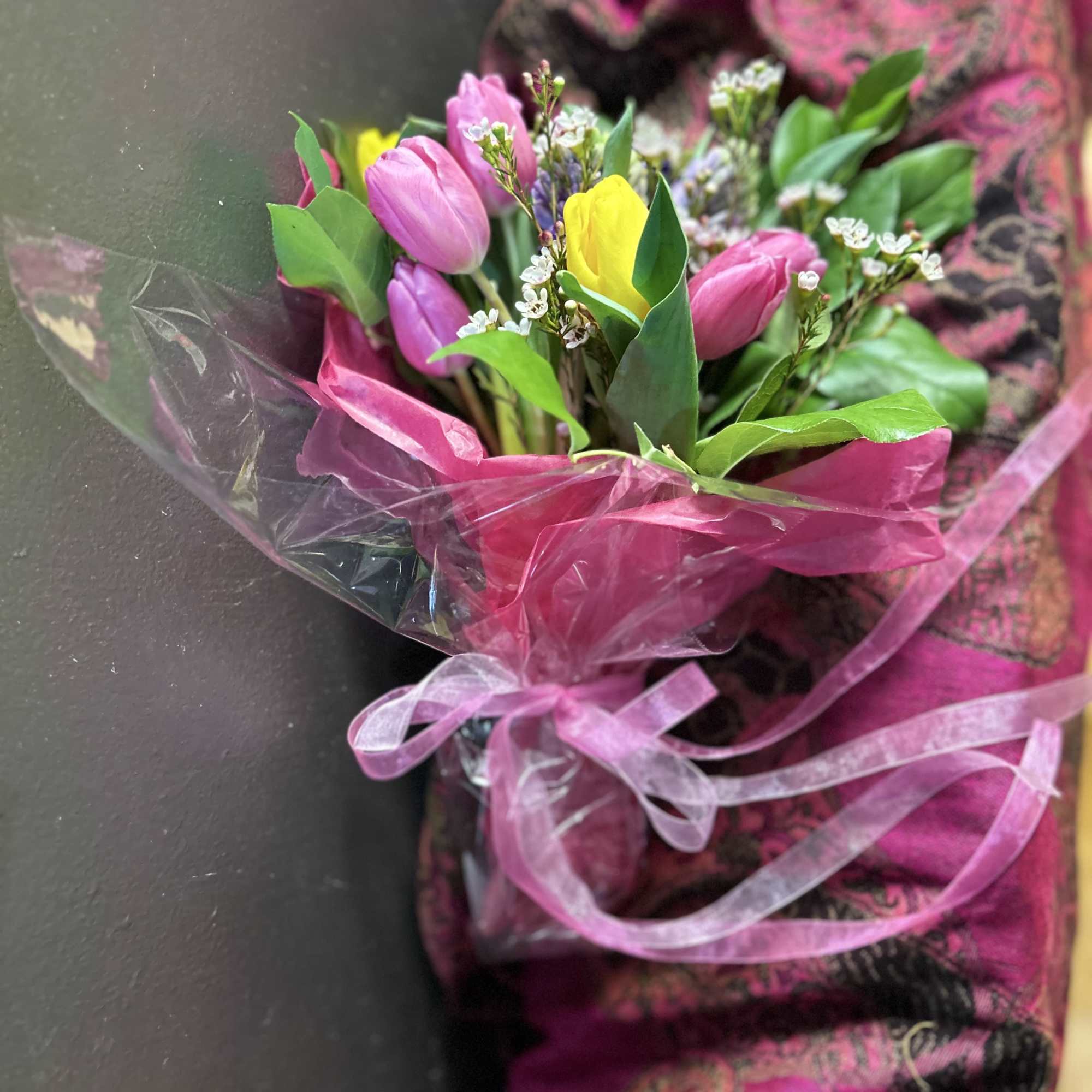 PICKUP ONLY
This bouquet will feature tulips, hyacinth, colorful filler and greenery. The