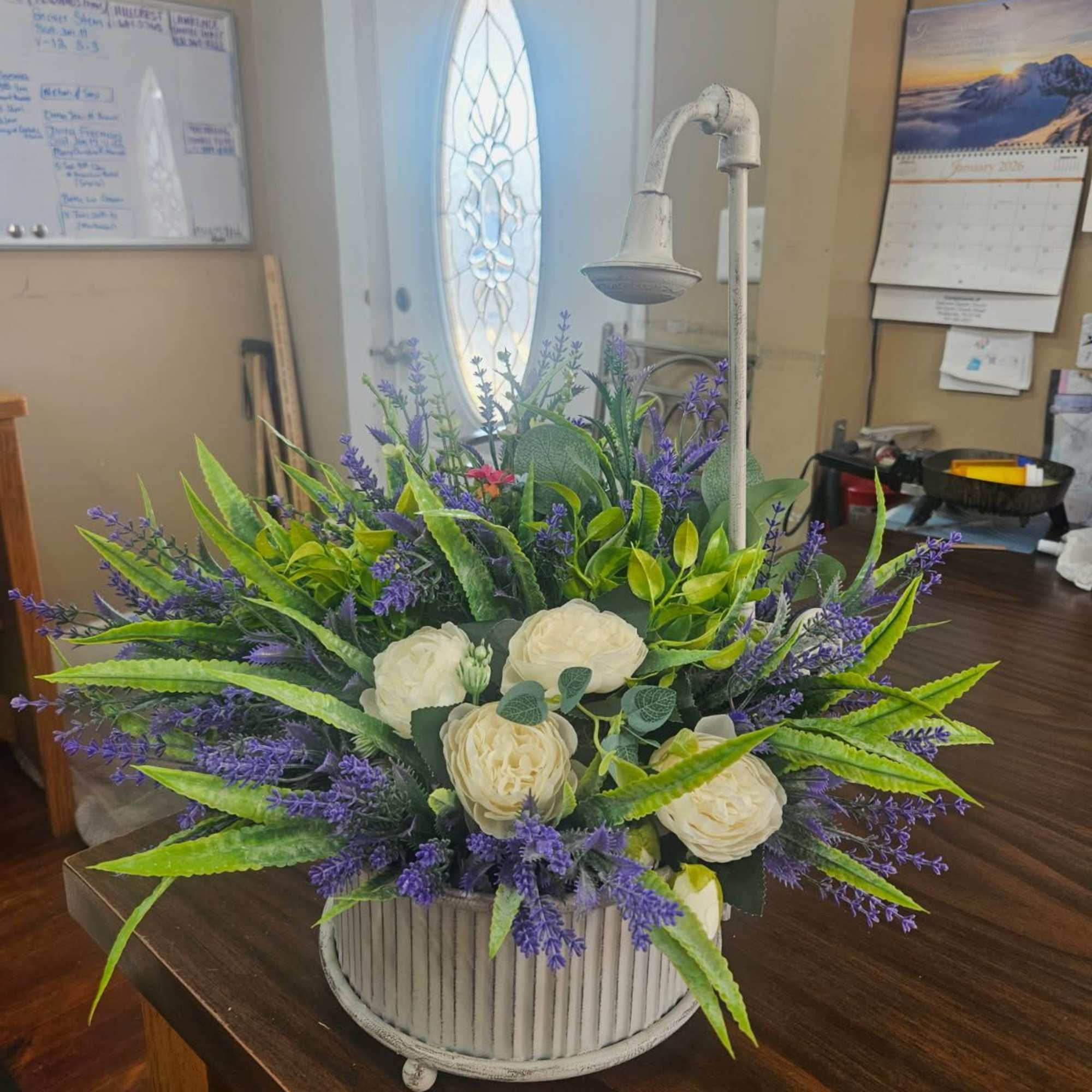 Designed in a vintage Spigot Washtub . A silk swag made of