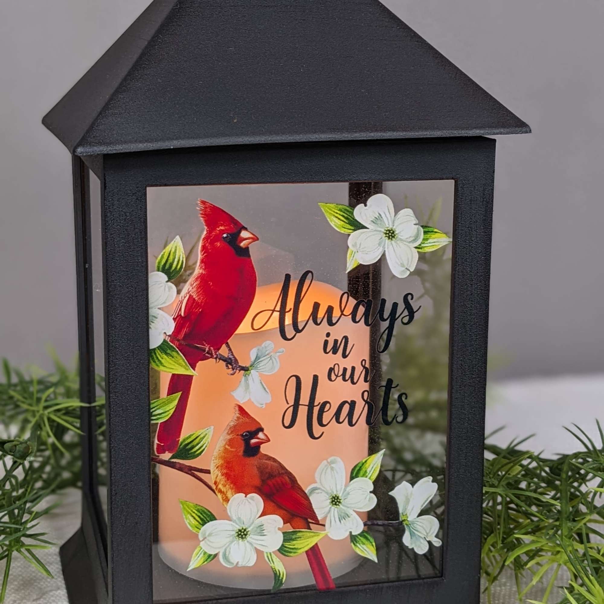 A keepsake lantern with an LED flicker candle is a thoughtful memorial