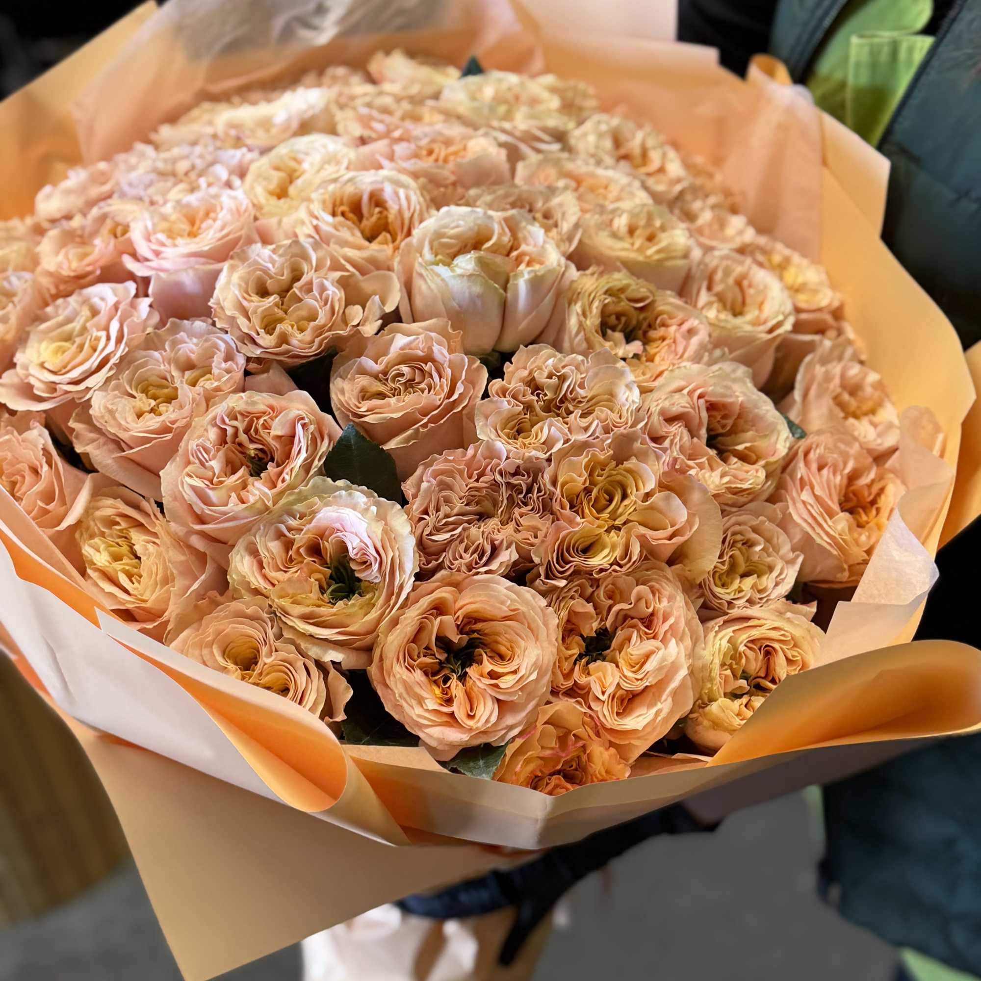 50 stems of our most beautiful rose called melon expression wrapped in