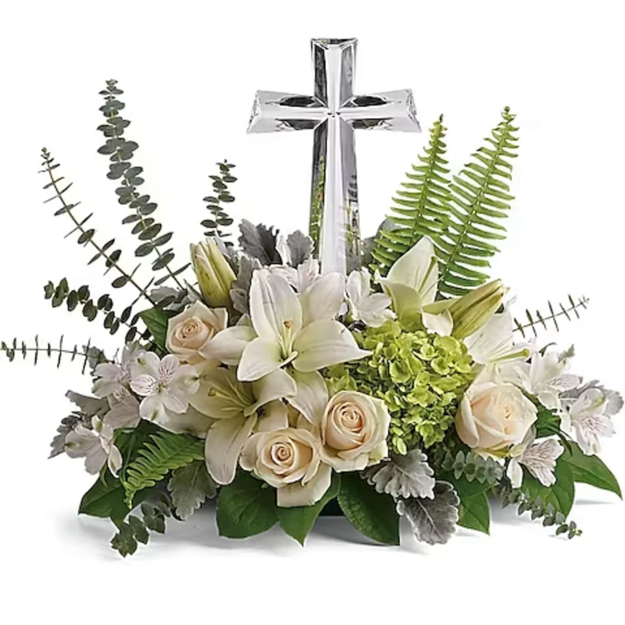 This peaceful bouquet of soft white flowers and green accents is a