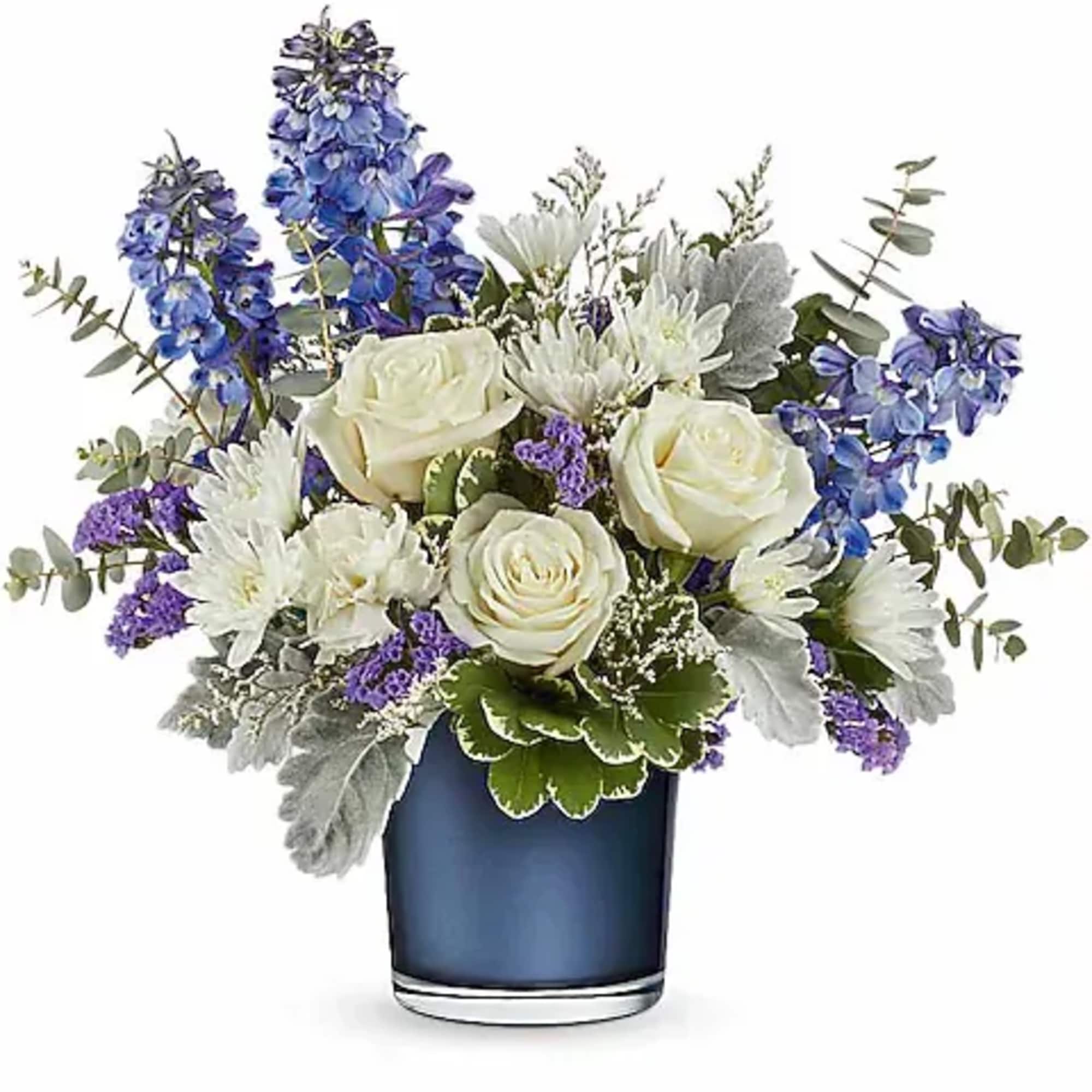 Tranquil blues! This lovely cr&egrave;me rose bouquet resembles fluffy white clouds against