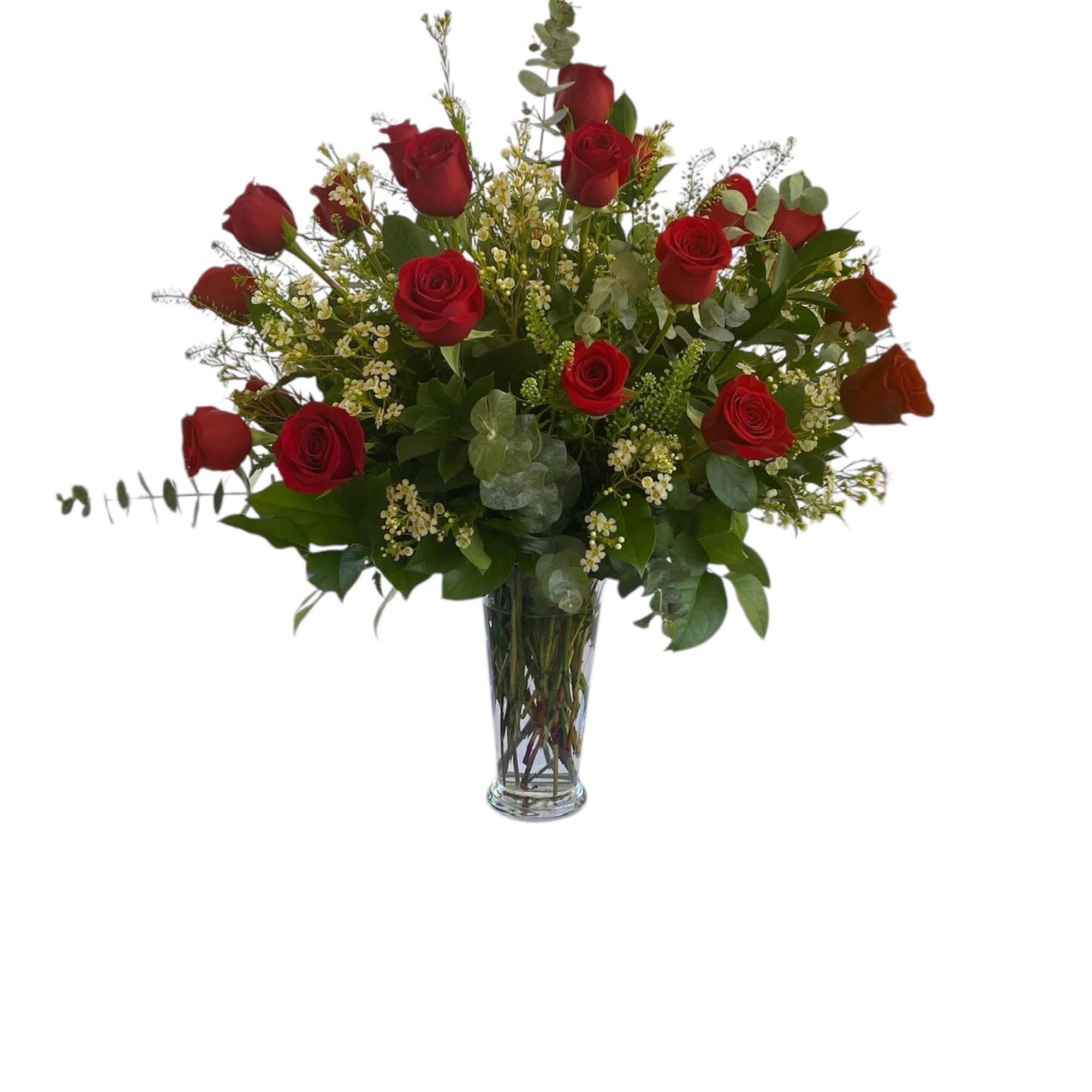 Twelve red roses gracefully arranged with greens and filler accents in a