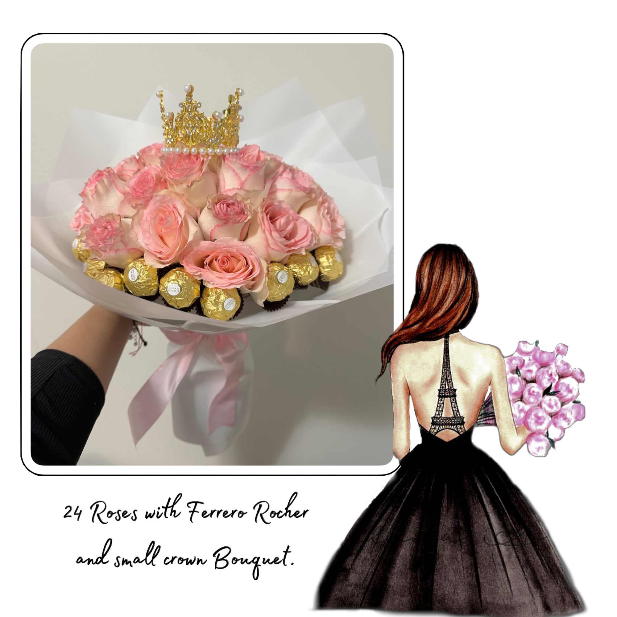 Bouquet of 24 roses with Ferrero chocolates around it and decorated with