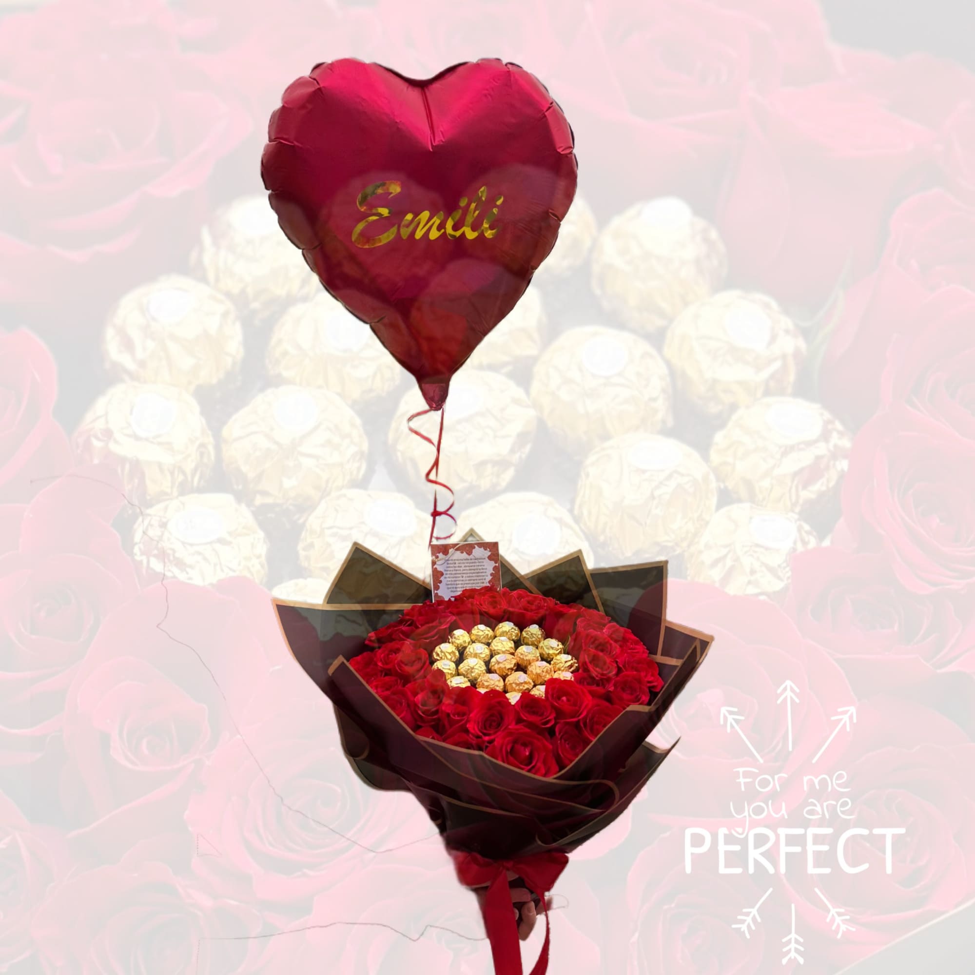 Beautiful Bouquet of roses and Ferrero chocolates, foil balloon with helium and