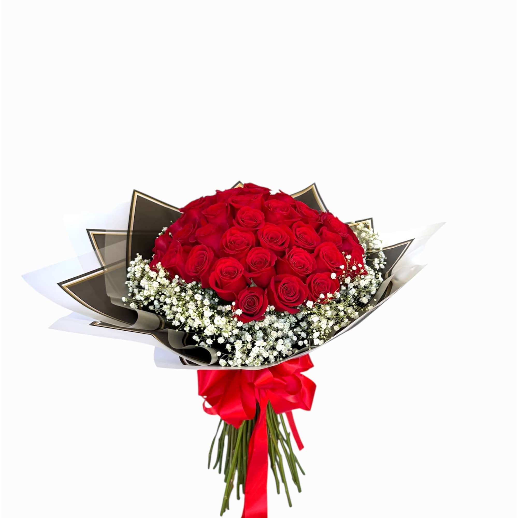 50 classic red roses adorned with gypsophila wrapped in luxe presentation paper