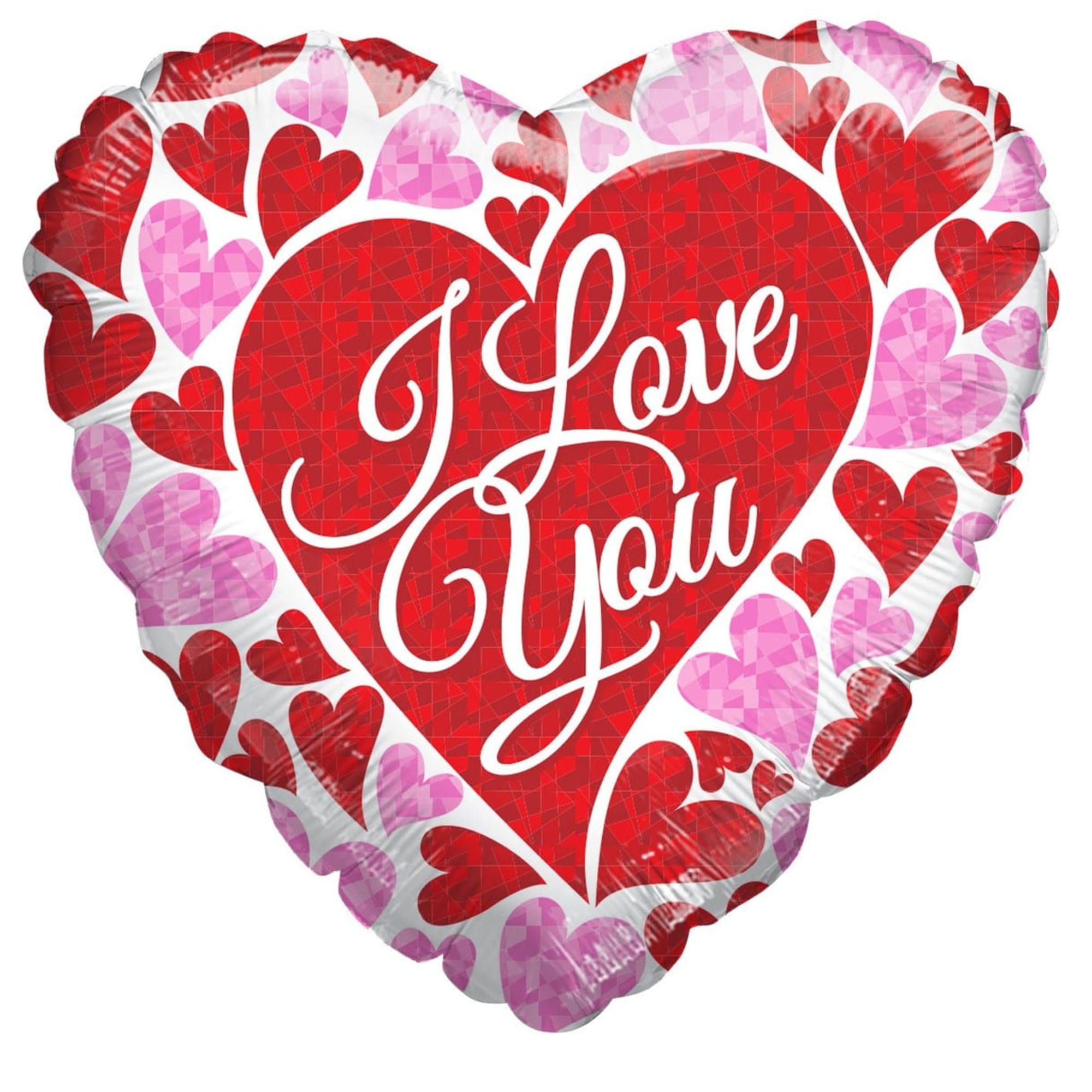 18" I Love You mylar balloon. Filled with helium. Stays afloat up