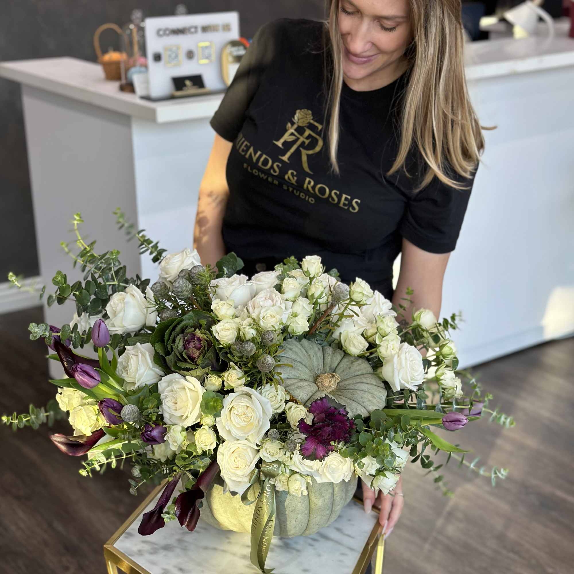 A magnificent artwork by our top-rated florist, a fresh pumpkin filled with