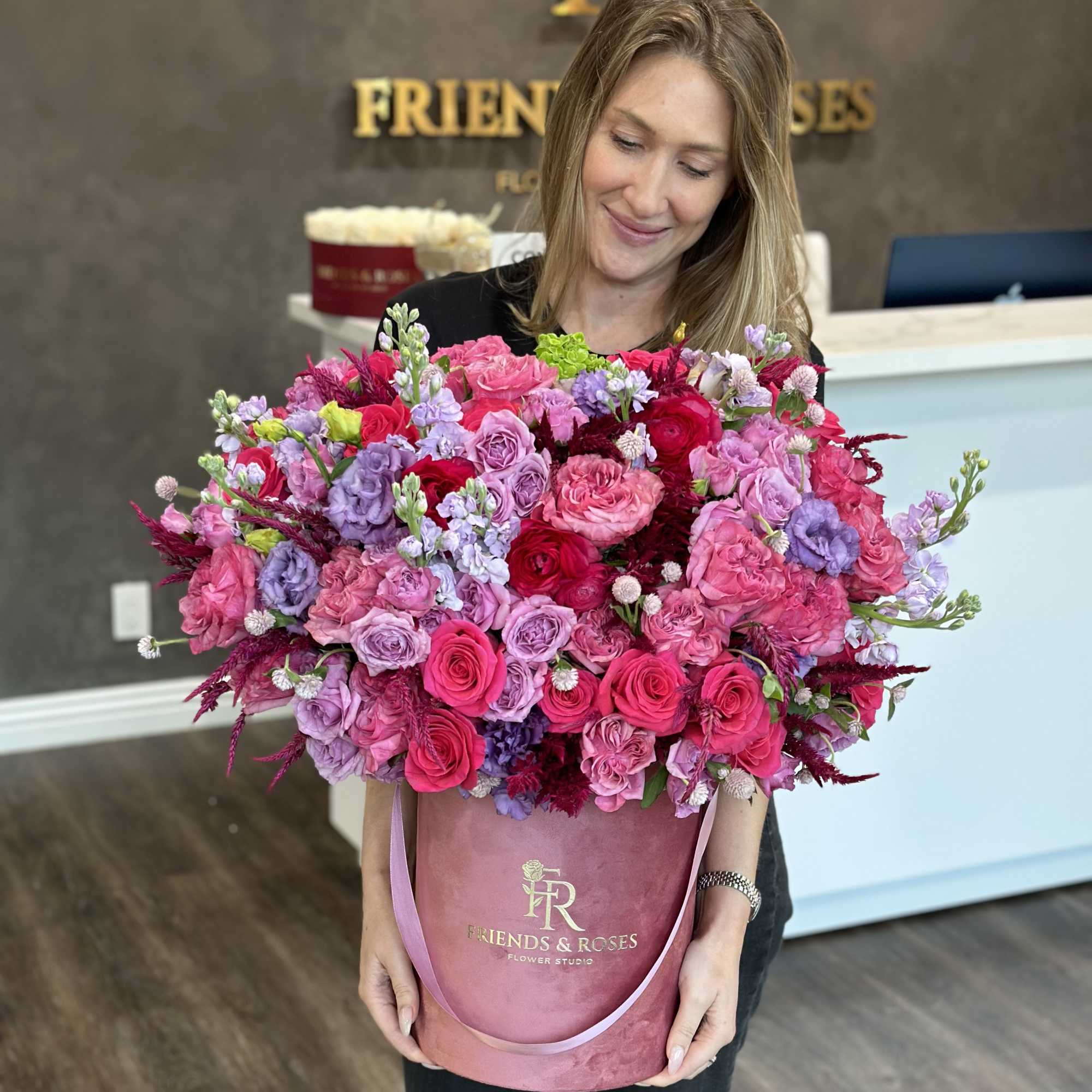 Premium flower selection in a pink velvet box