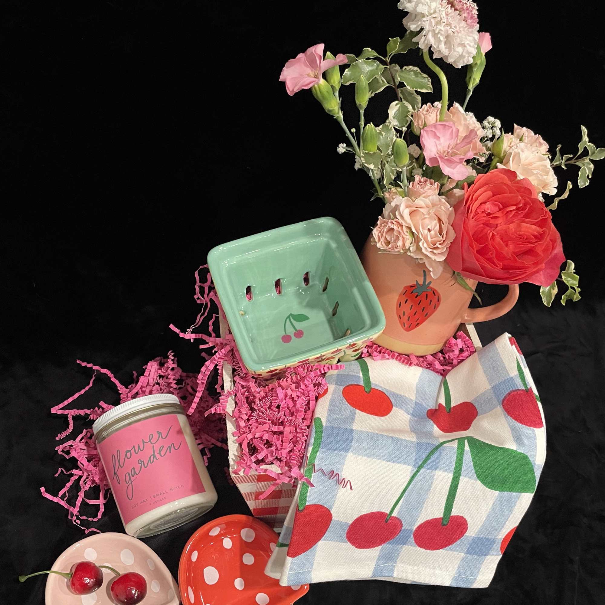 The Berry Basket includes a charming red gingham wooden box, packed with