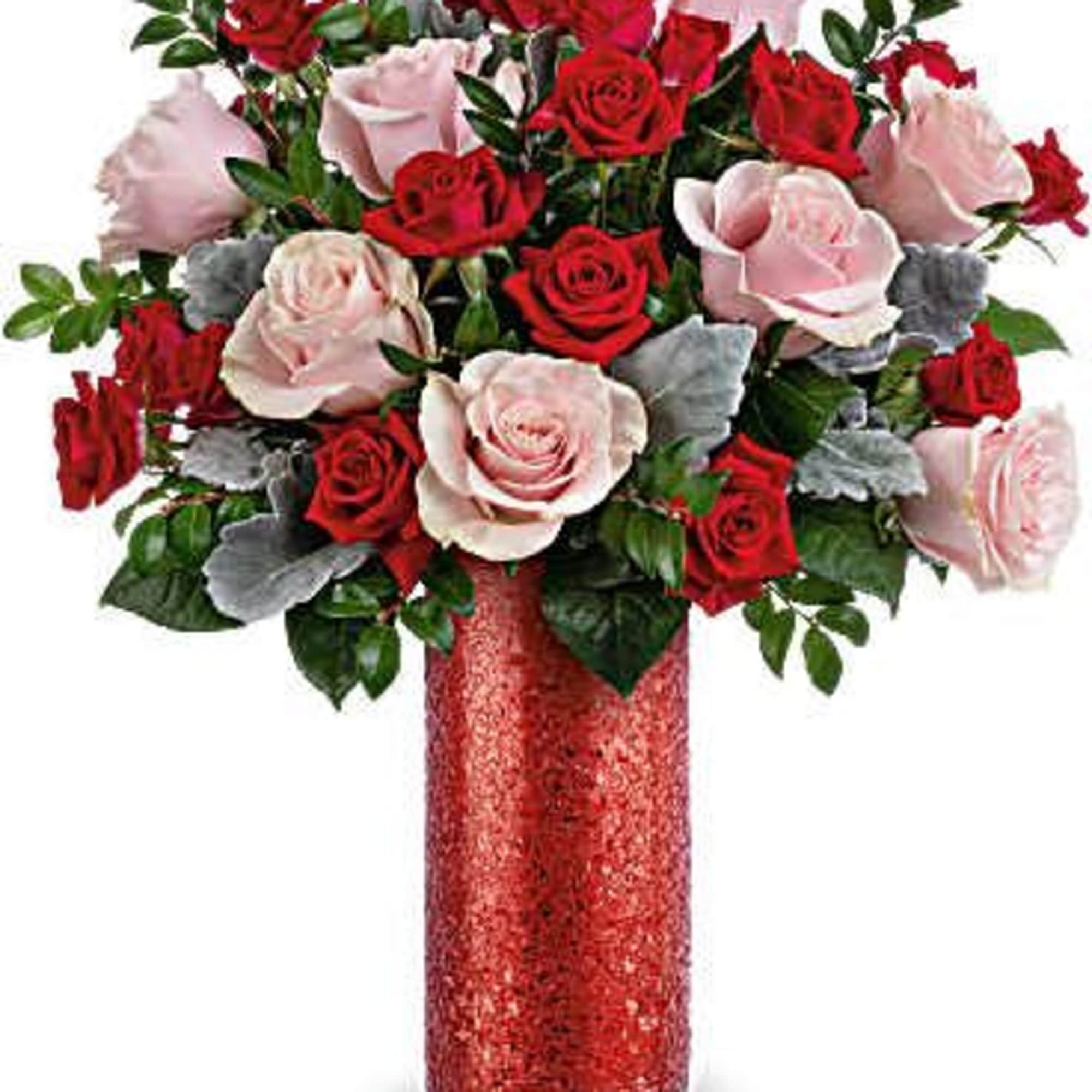 Red Shimmering textured tall glass vase filled with Pink roses and red