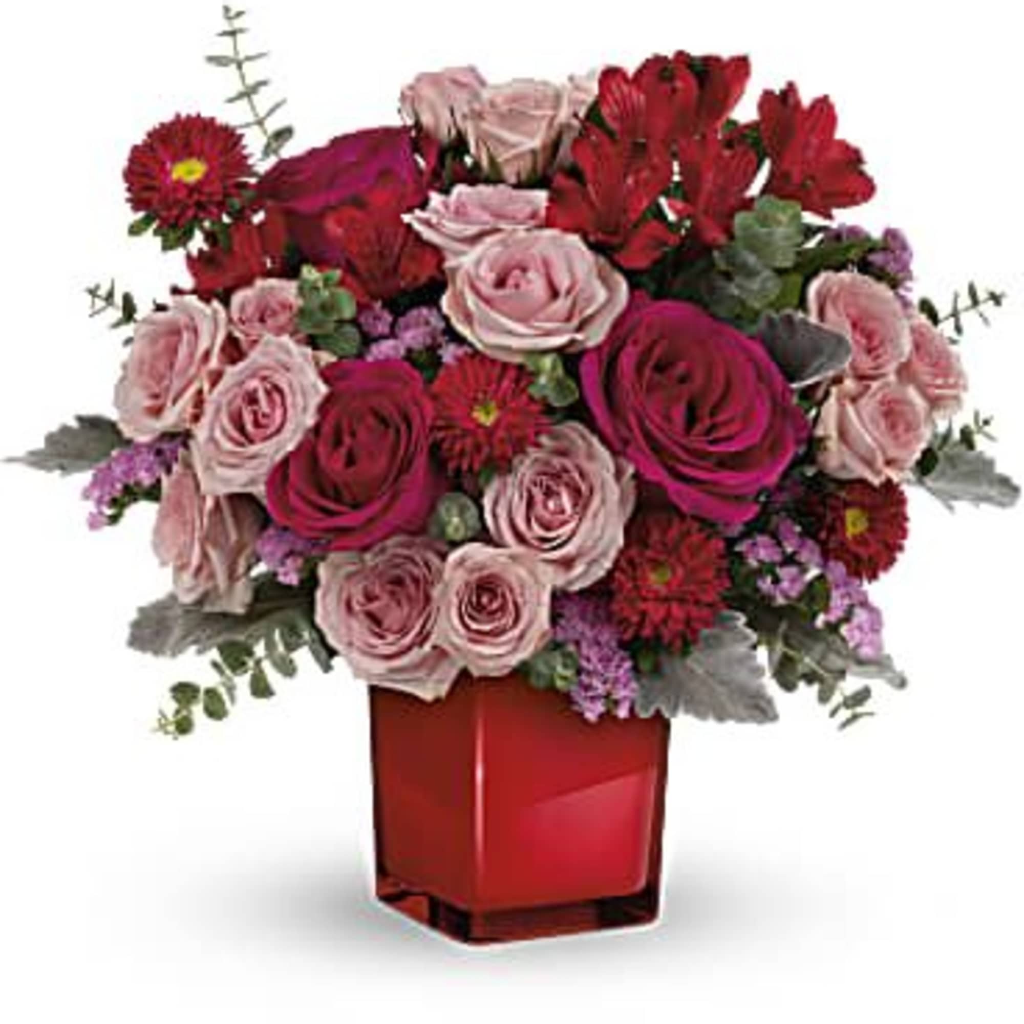 Roses, spray roses, altro, pomps in a red cube
