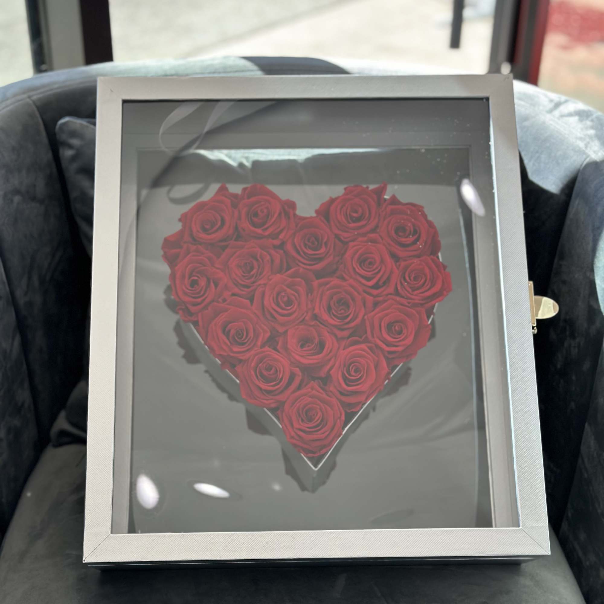 Preserved red roses in a heart suitcase box. Everyone will adore this