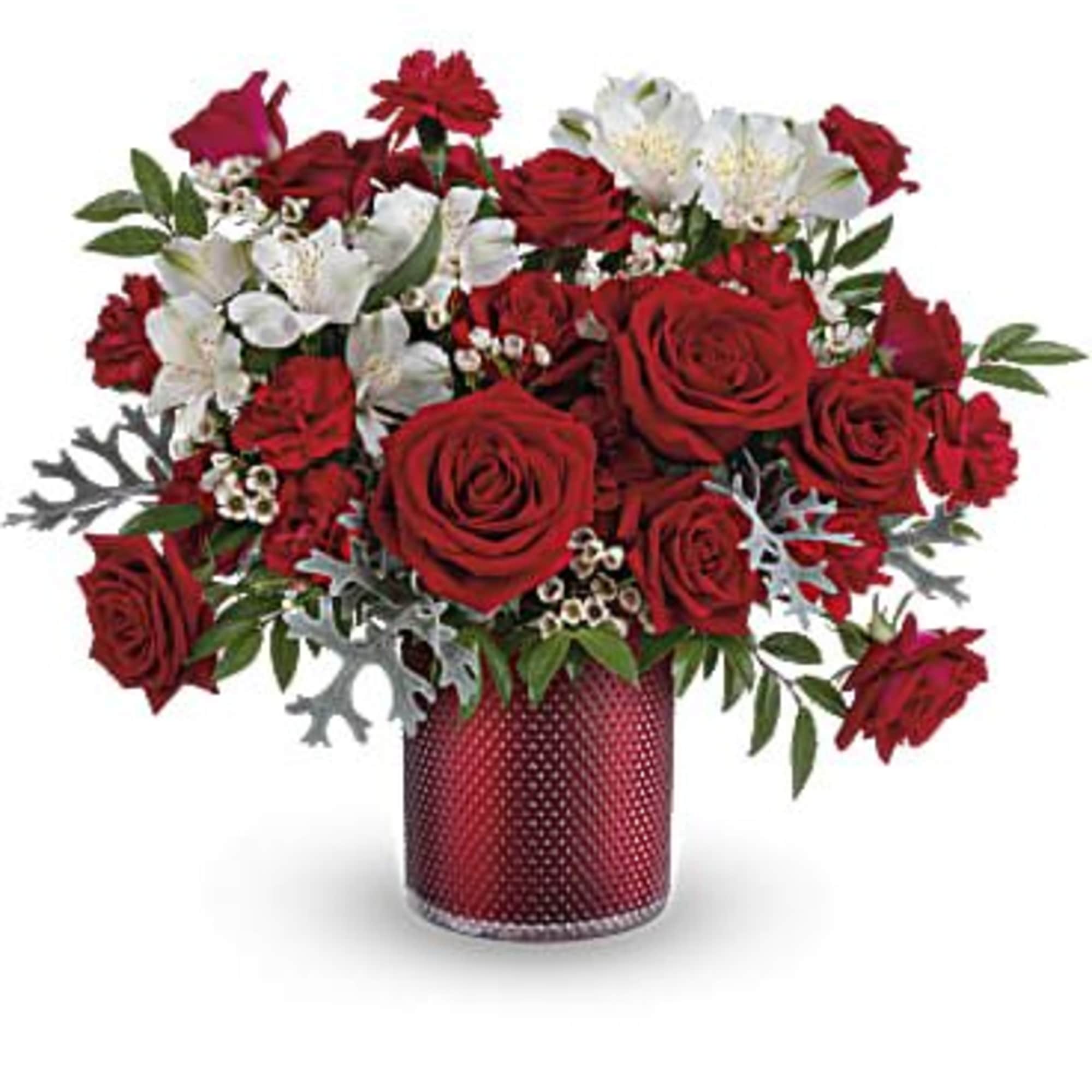 This radiant red rose bouquet is presented in a shimmering scarlet glass