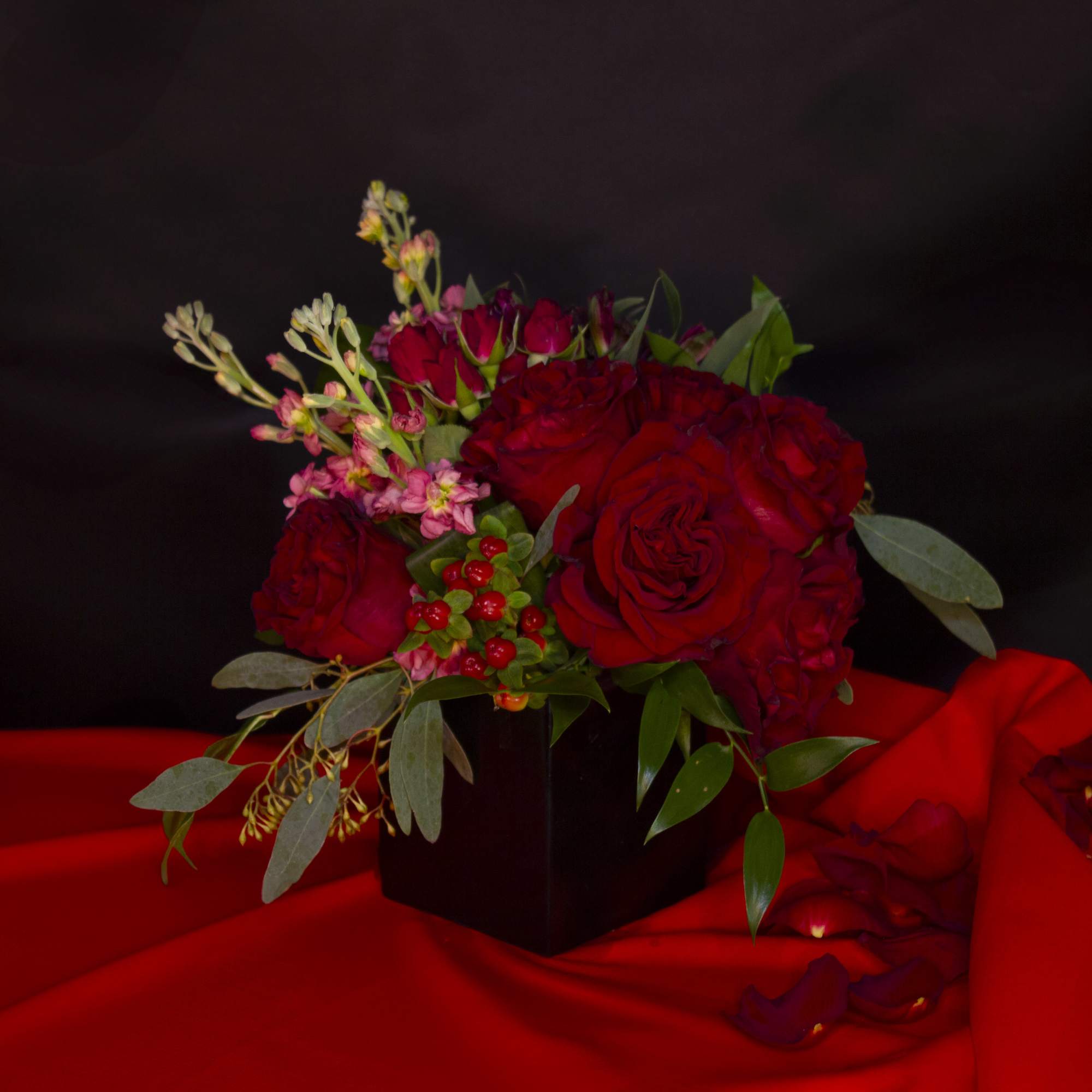 Fluffy red Heart roses, sweetheart scarlet spray roses, bright red hypericum berries