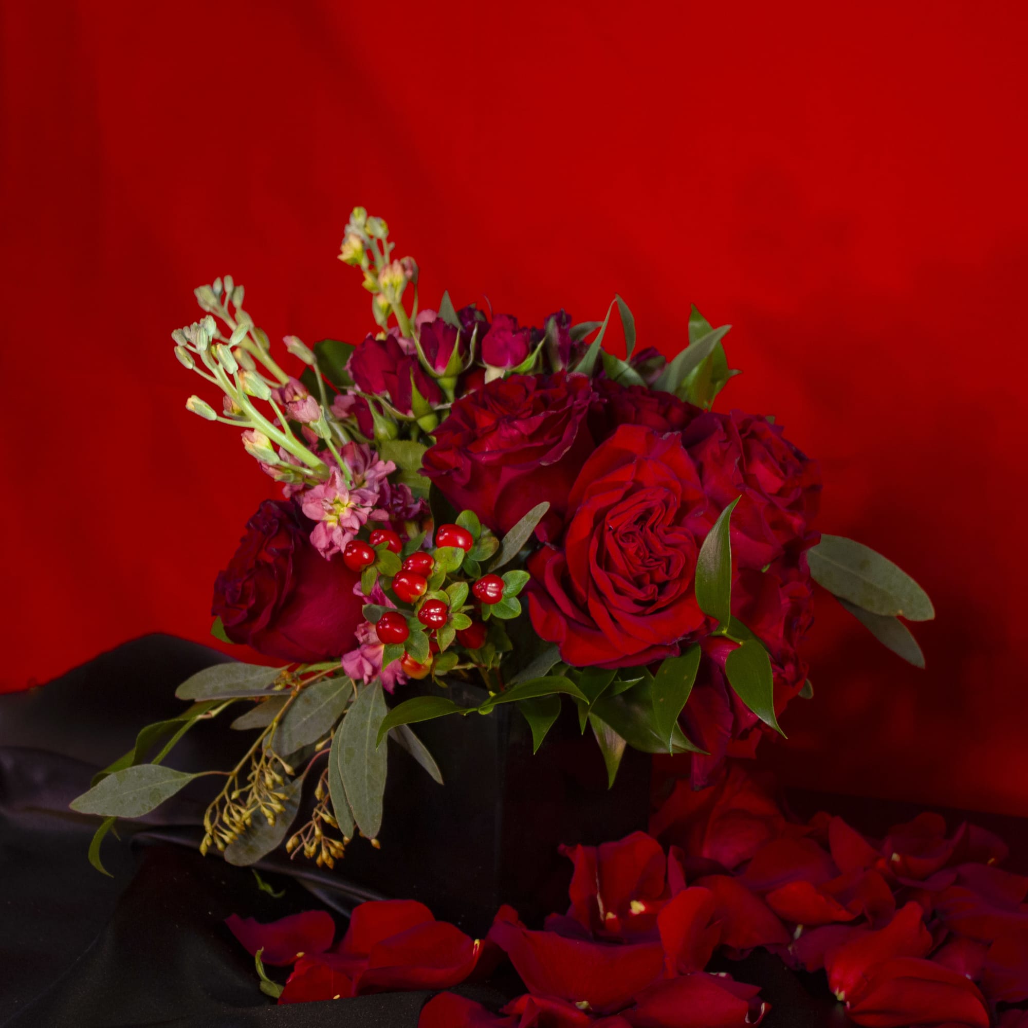 Fluffy red Heart roses, sweetheart scarlet spray roses, bright red hypericum berries