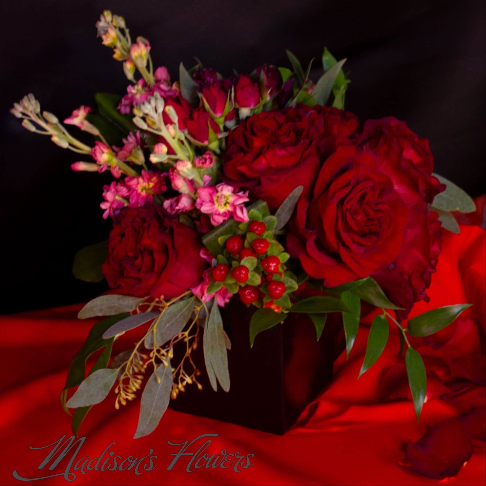Fluffy red Heart roses, sweetheart scarlet spray roses, bright red hypericum berries