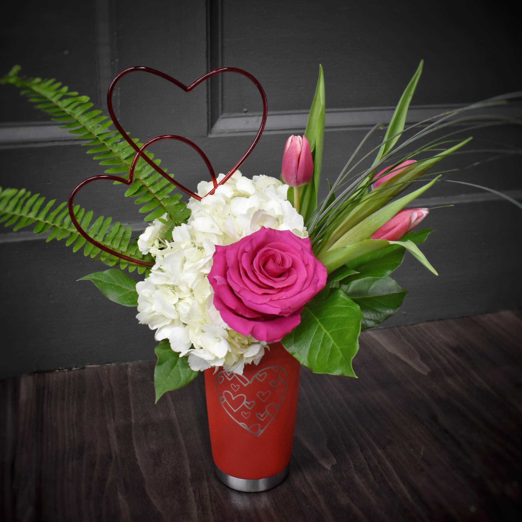 What's better than valentine flowers and a thermal coffee mug together? Not
