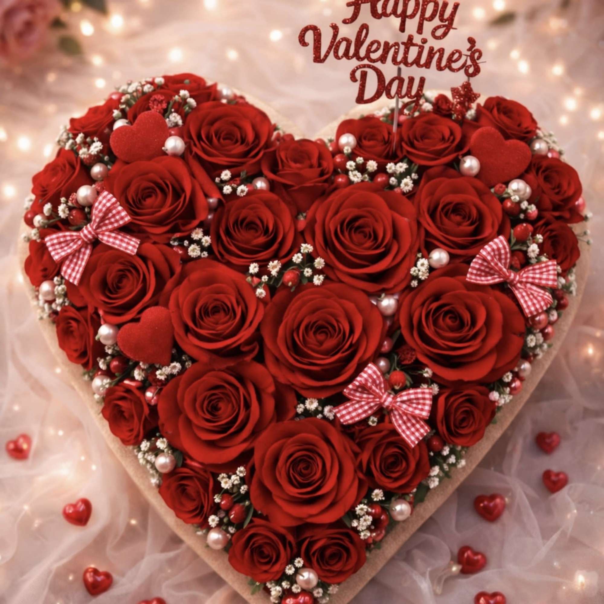 &bull;	A romantic heart-shaped arrangement of red roses, symbolizing love and devotion.