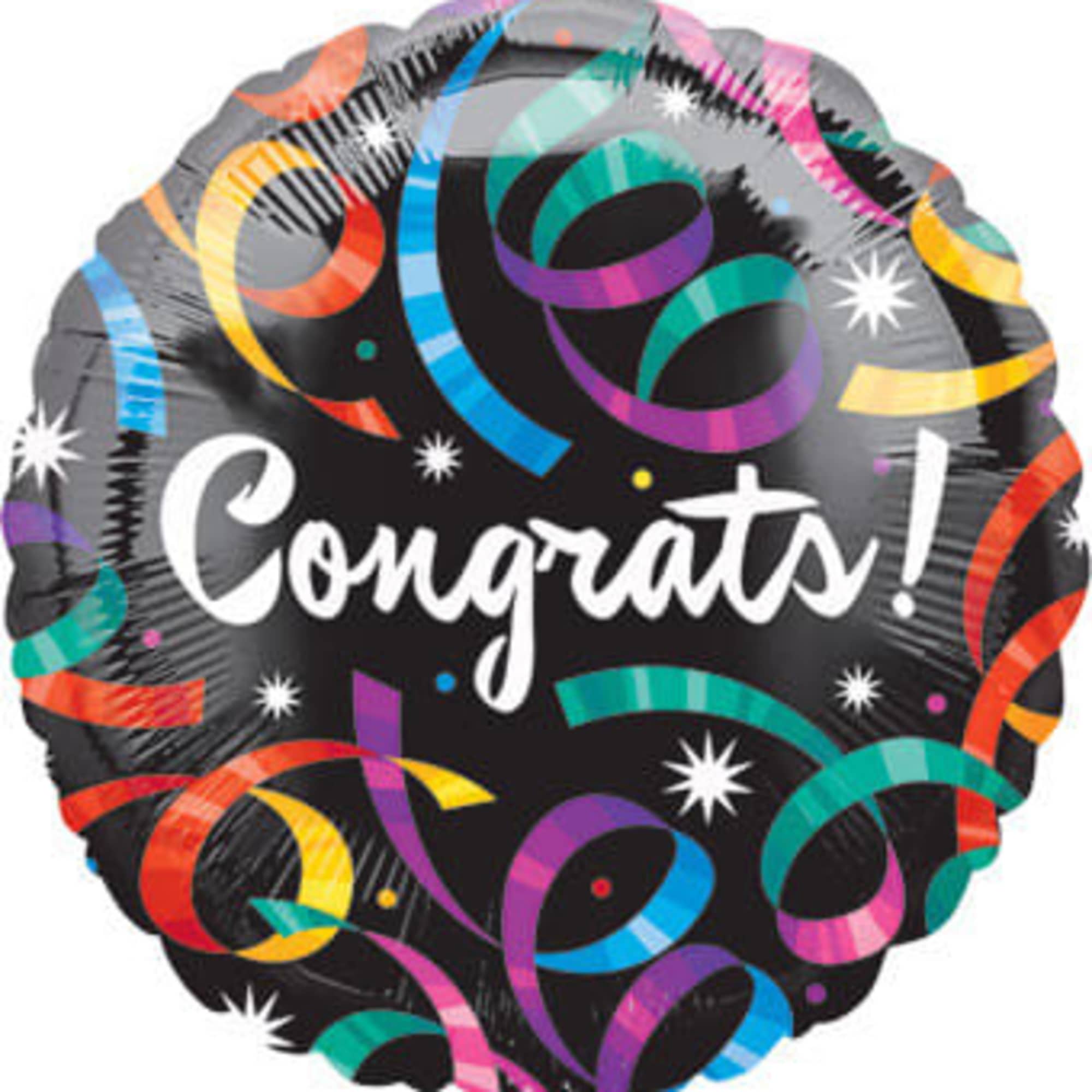 18" Congrats mylar balloon. Filled with helium. Stays afloat up to 7