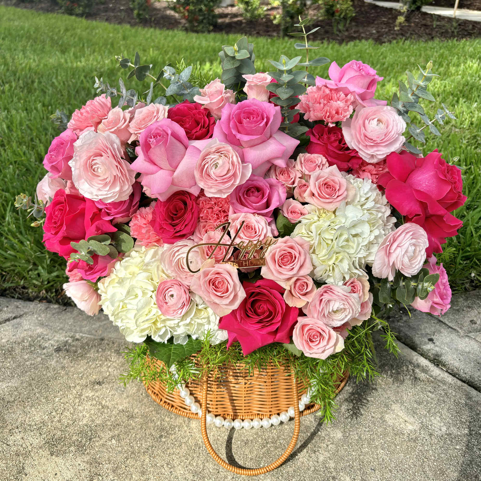 Delight in the luxurious beauty of our &ldquo;Blushing Elegance&rdquo; floral basket, an