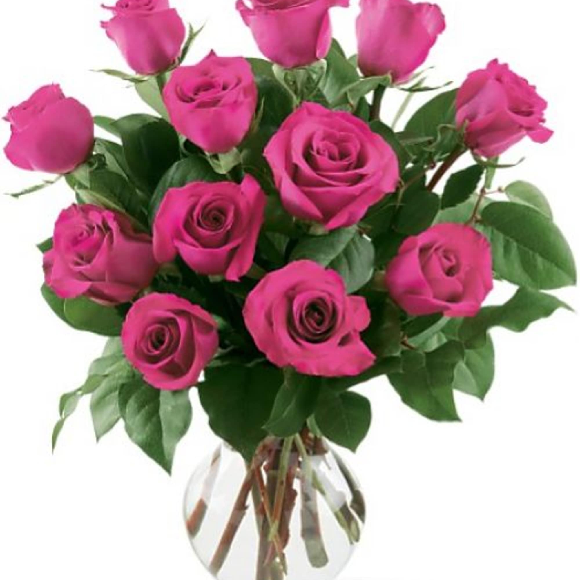One Dozen Premium Pink Roses arranged in a clear vase.  Accent