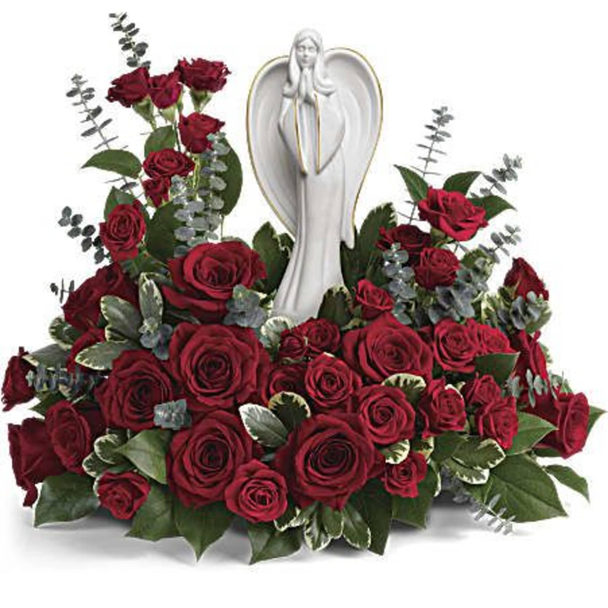 This peaceful porcelain angel sculpture, surrounded by radiant red roses and delicate