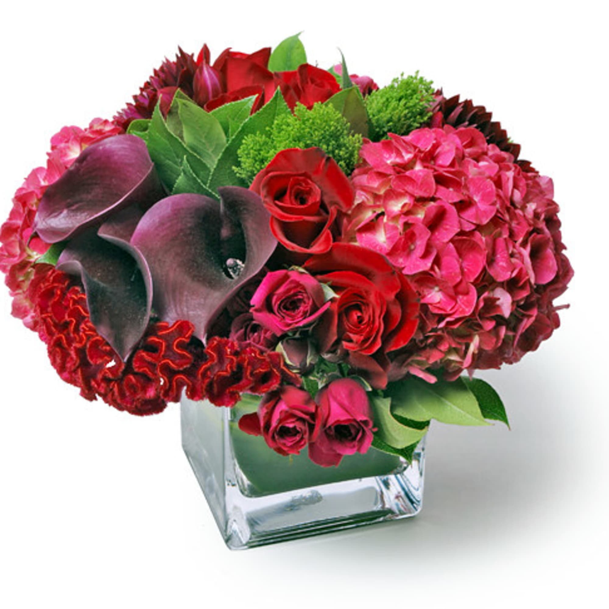 This very romantic bouquet of dark burgundies and different shades of red