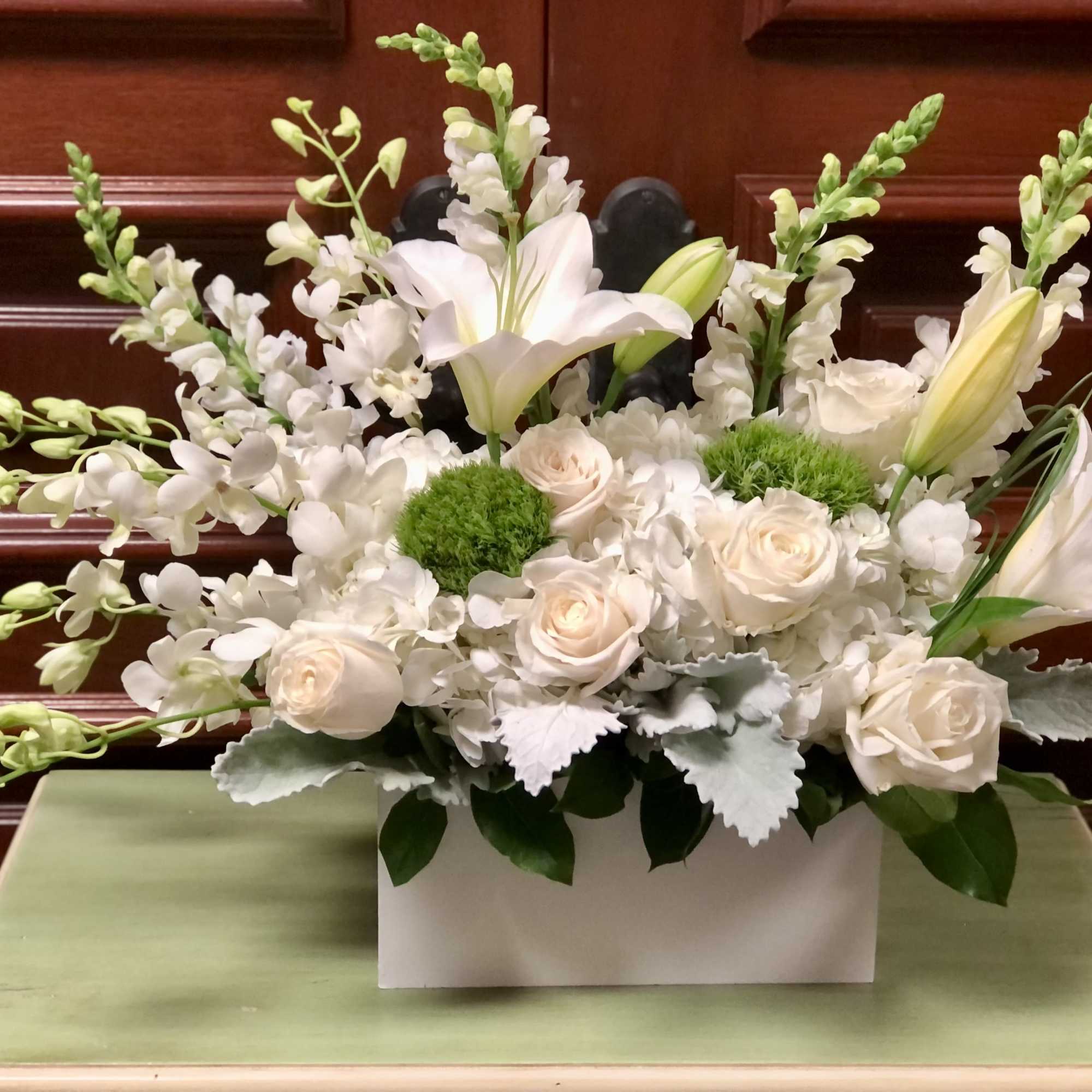 Recipe: White Hydrangea, White Roses, White Asiatic Lillies, White Phalaenopsis Orchids, Green