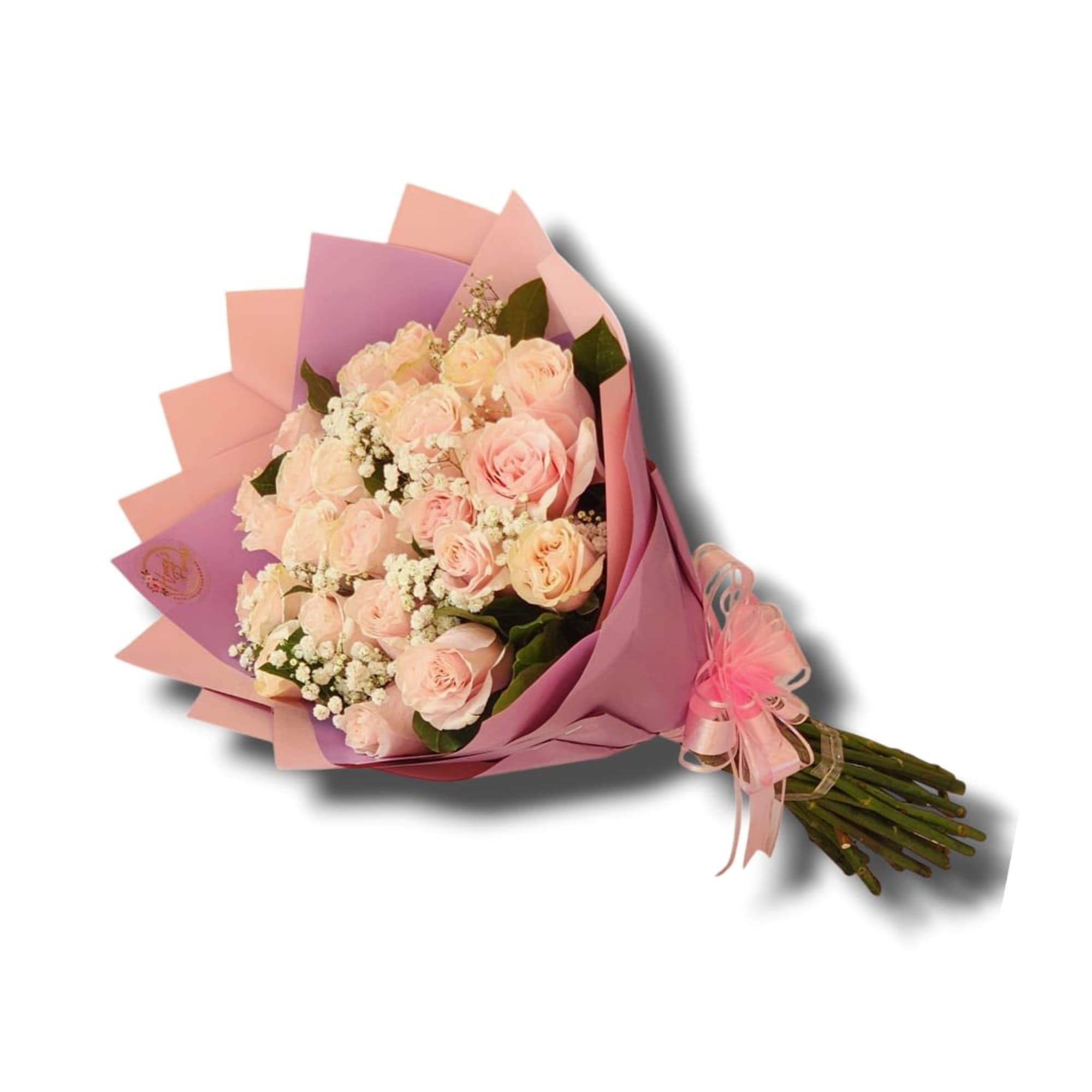 12 Pink Mondial Long Stem Roses. Wrapped in Ligth Purple and Light