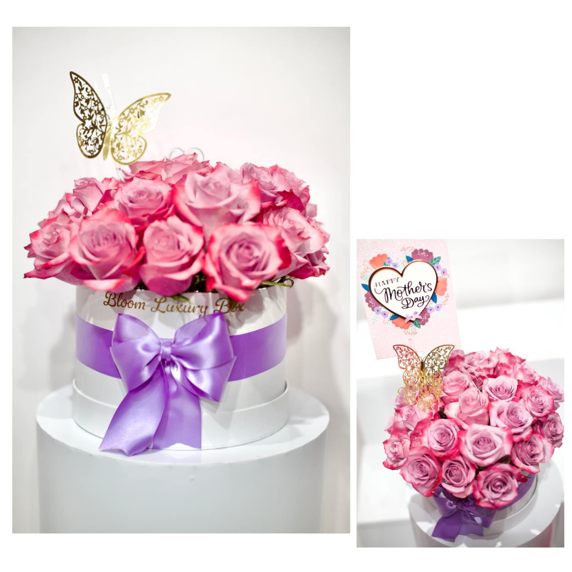 Our the lux MDC round box pink arrangement available in 2 sizes
