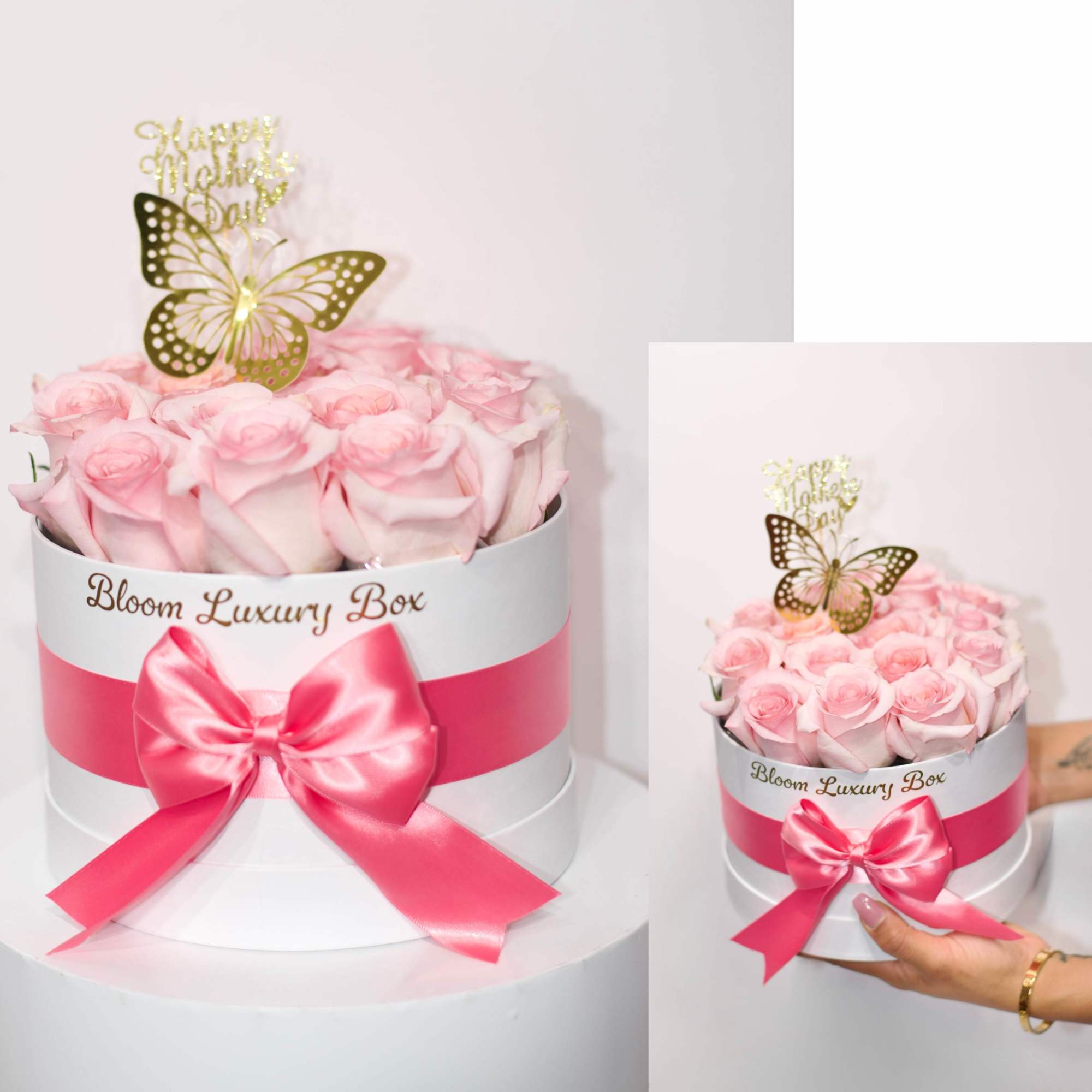 MDC Round box light pink arrangement 
Available in 2 sizes decorative with