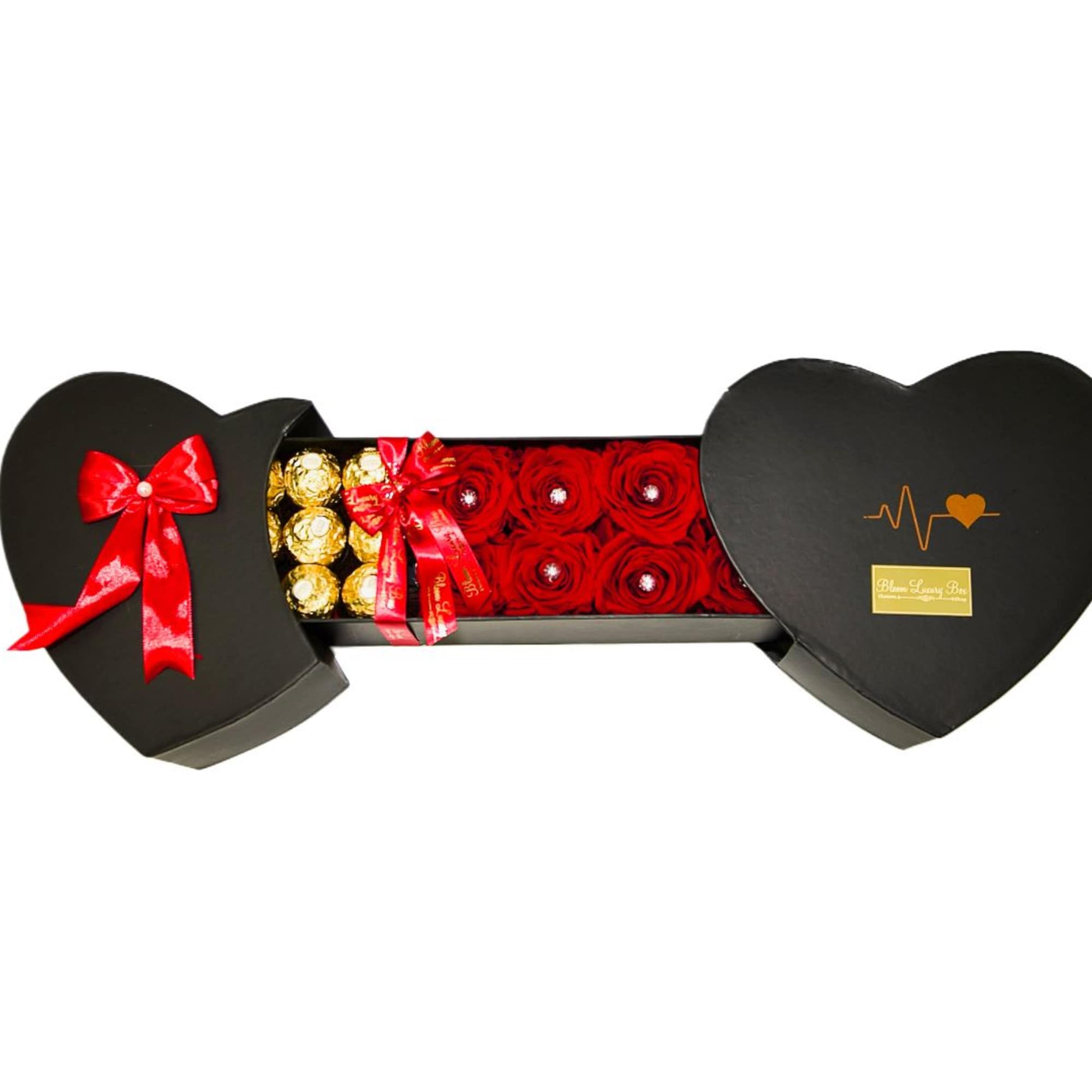 Heart box. Ferrero richer chocolate and red roses 