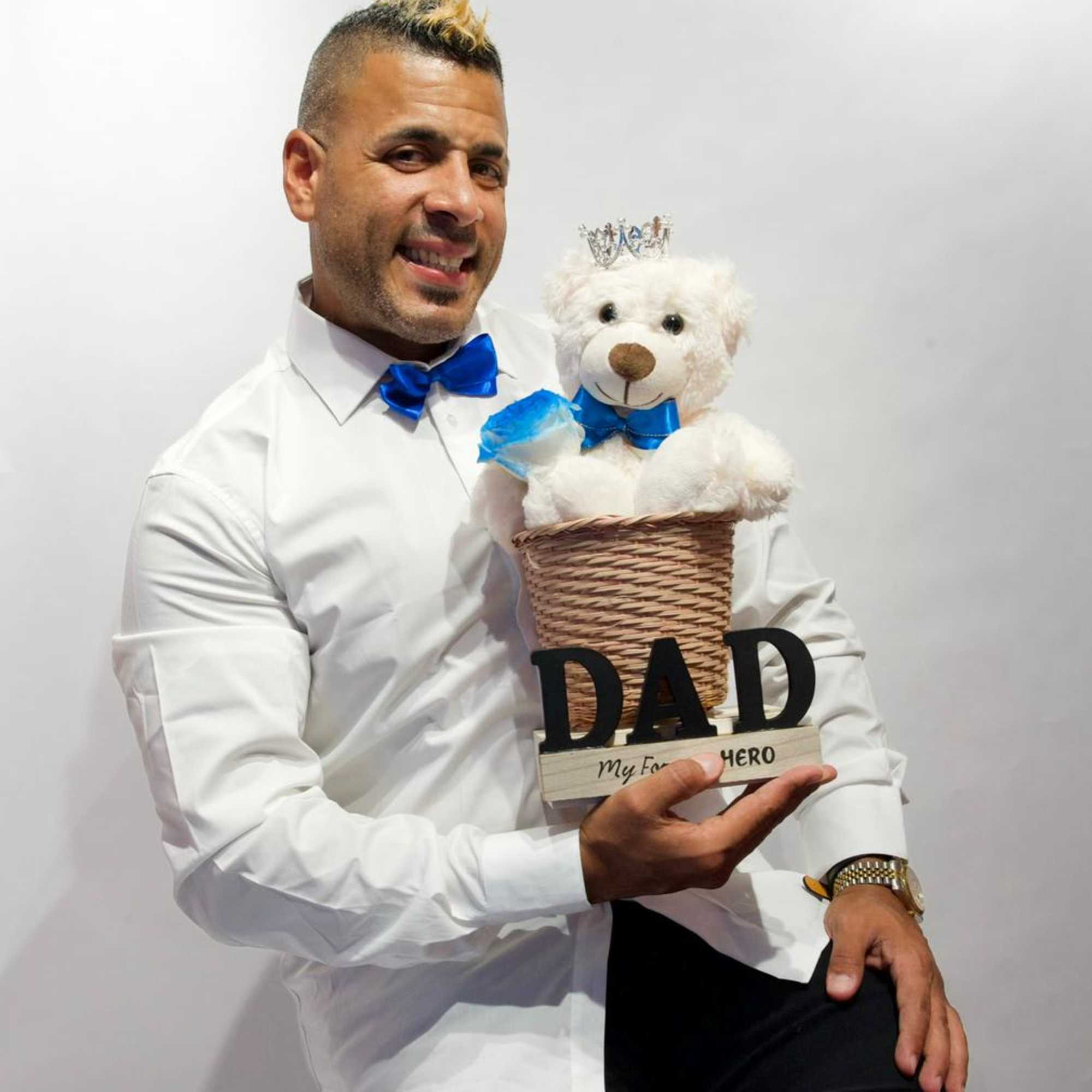 white teddy gift set , dad topper and a blue rose