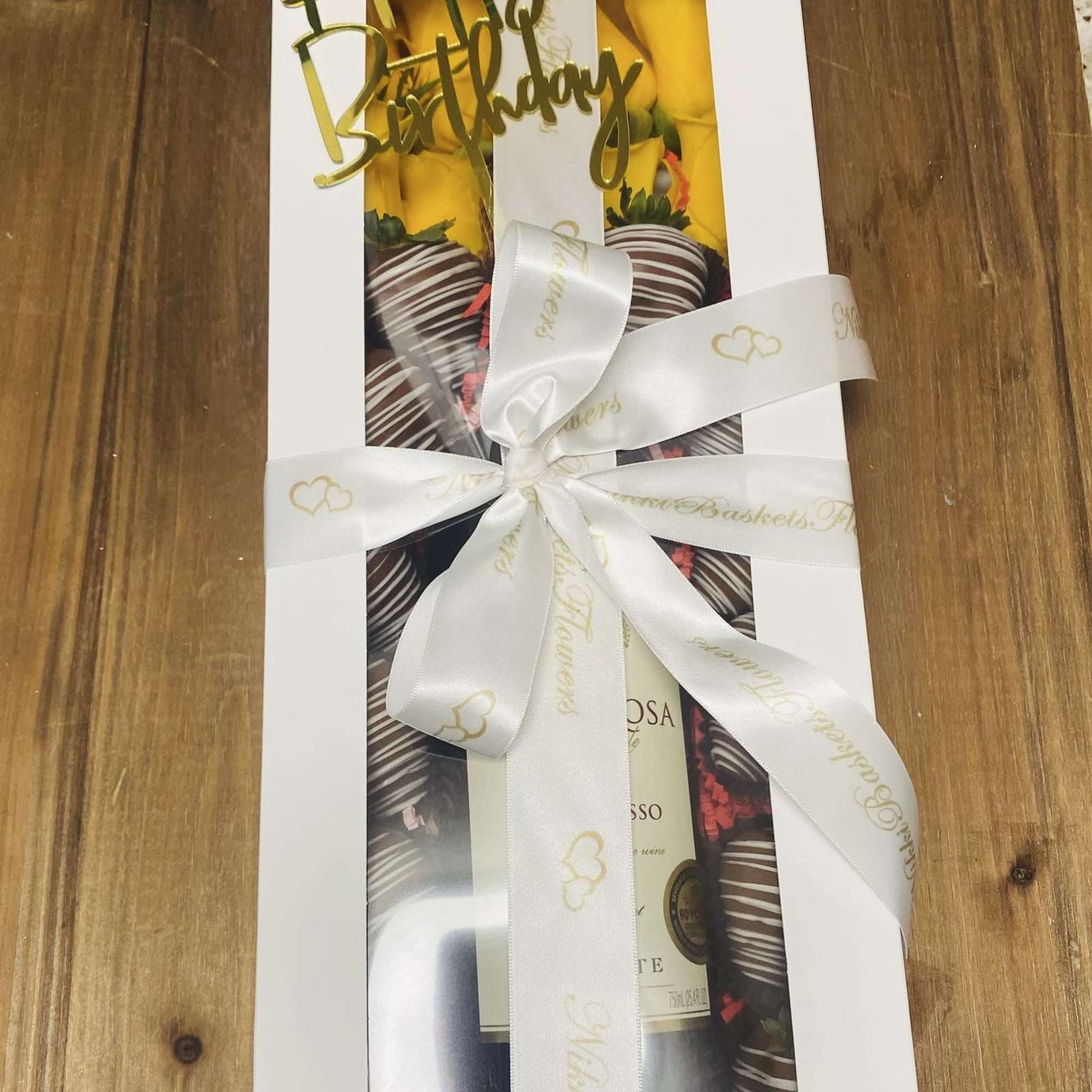 Wine box with 8 roses &amp; 12 chocolate covered strawberries