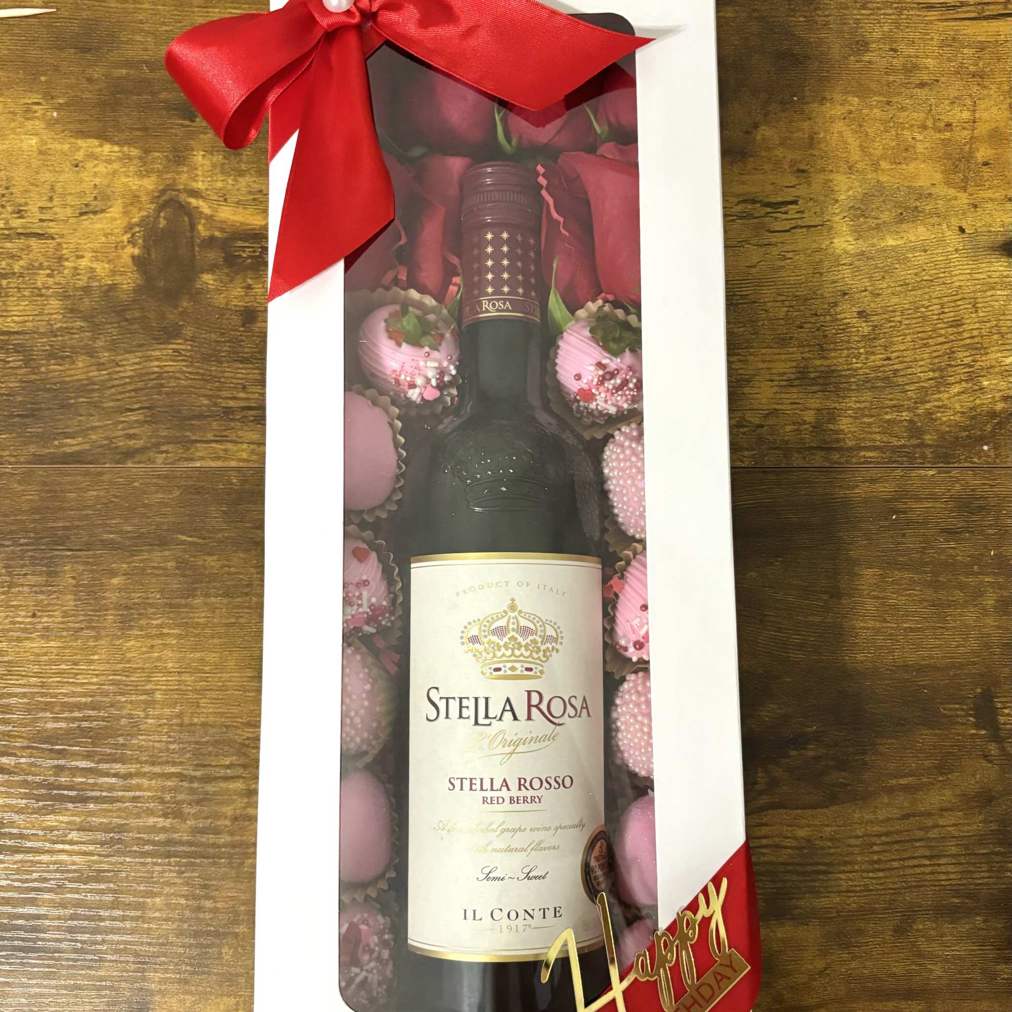Wine box with 8 roses &amp; 12 chocolate covered strawberries