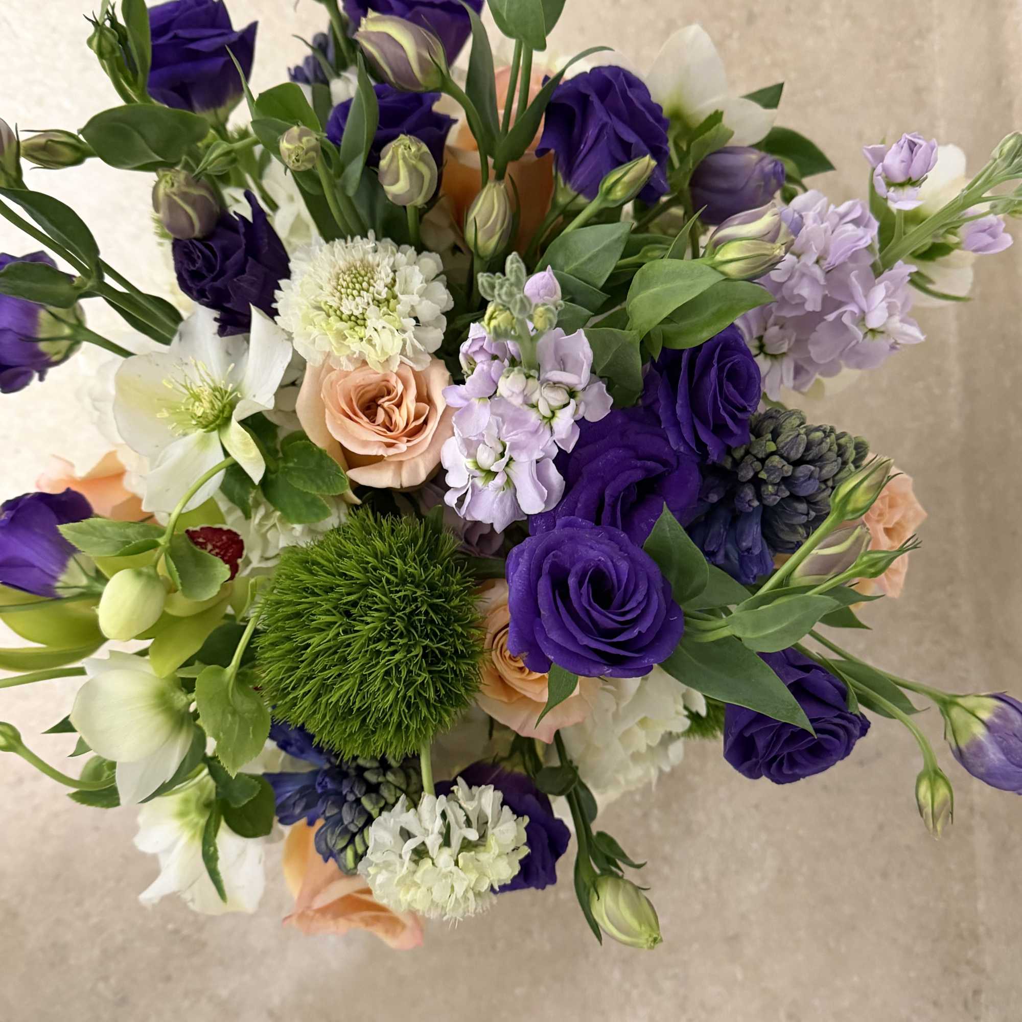 lush mix with lisianthus, scabious, Helleborus, dianthus, green trick, white hydrangea