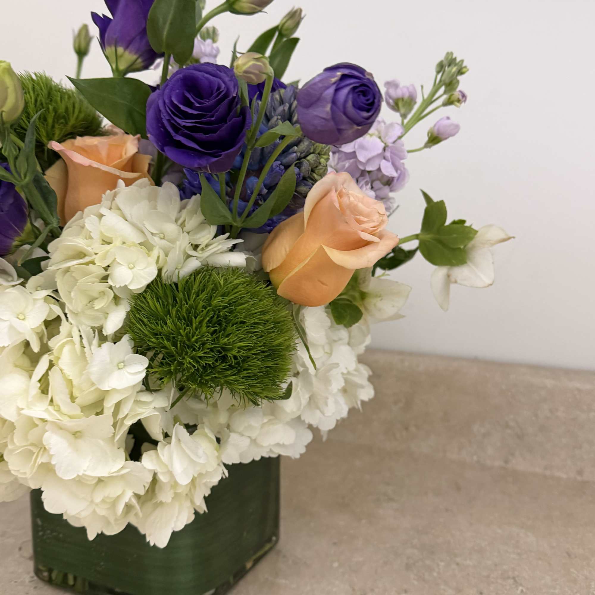 lush mix with lisianthus, scabious, Helleborus, dianthus, green trick, white hydrangea
