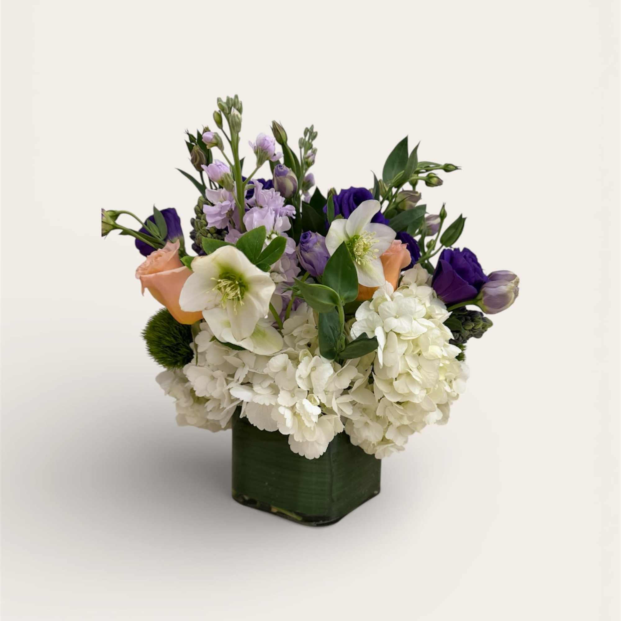 lush mix with lisianthus, scabious, Helleborus, dianthus, green trick, white hydrangea