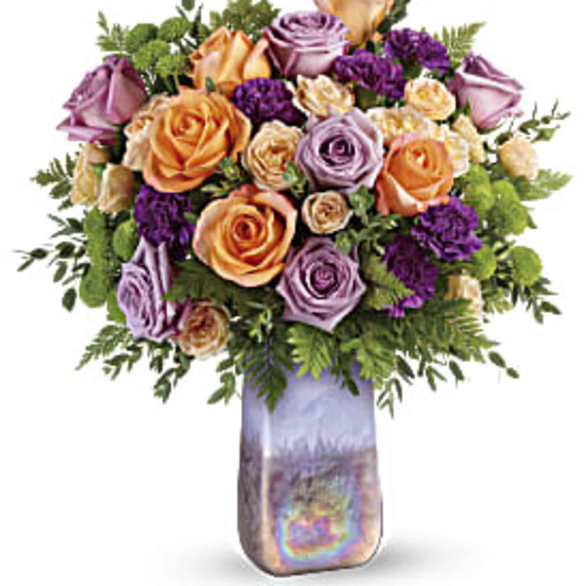 Two gifts in one! This glorious bouquet of lavender and peach roses