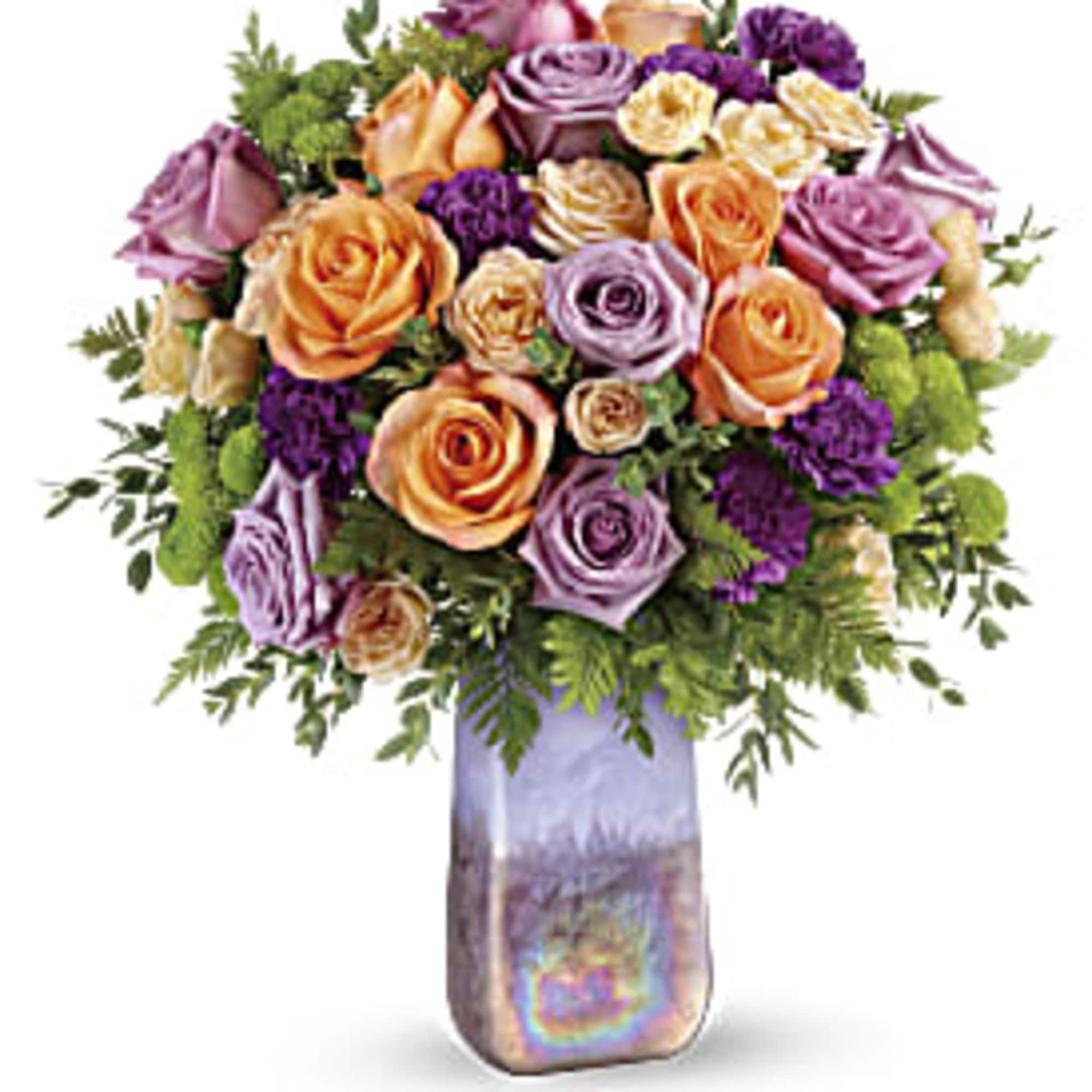 Two gifts in one! This glorious bouquet of lavender and peach roses