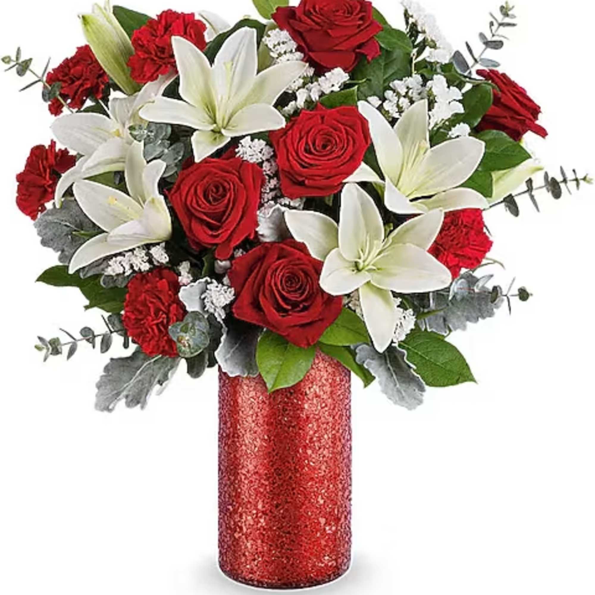 Passionate yet elegant, the Scarlet Embrace Bouquet blends red roses, white lilies