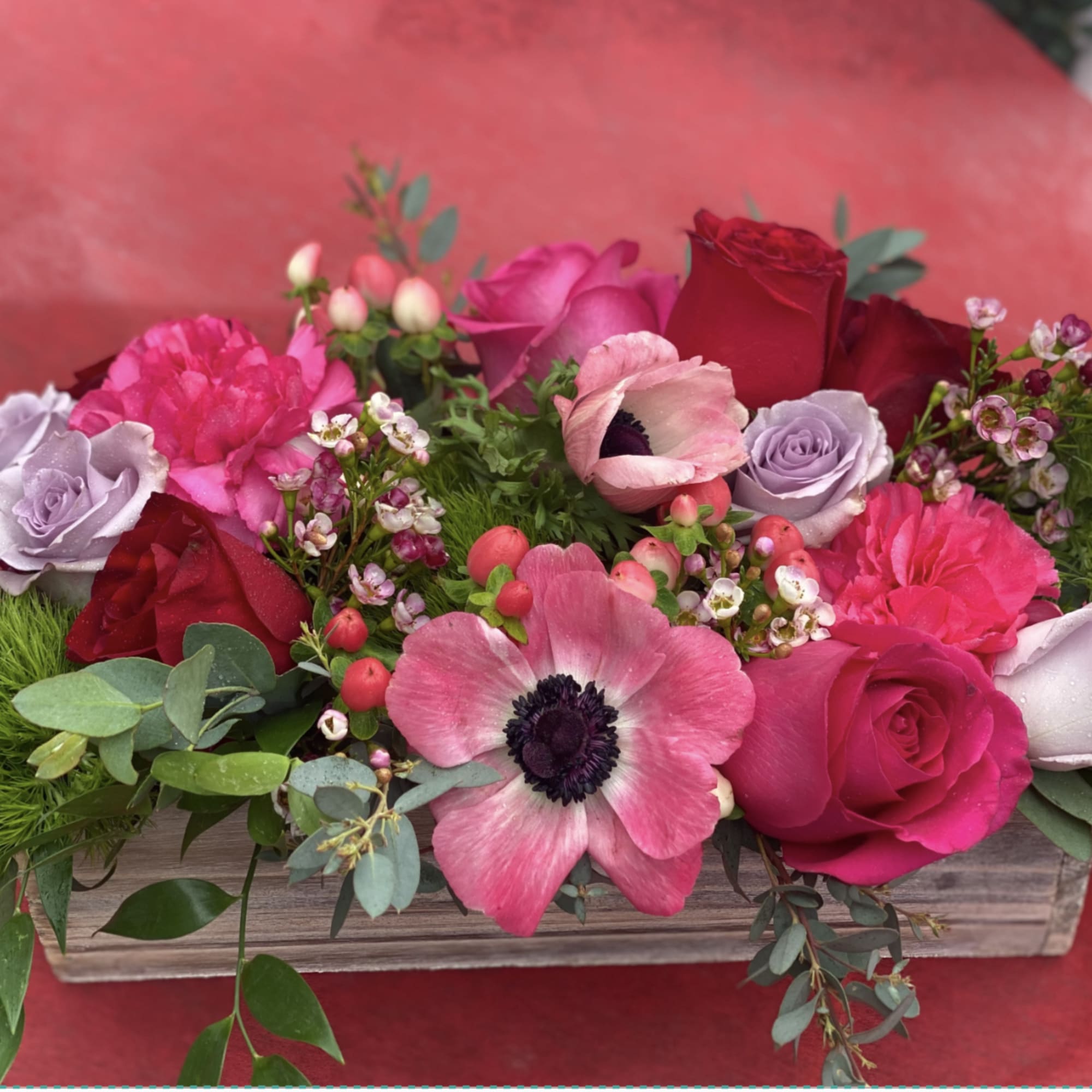 Rectangle harvest boxes are the perfect vessel for flowers createing a lush