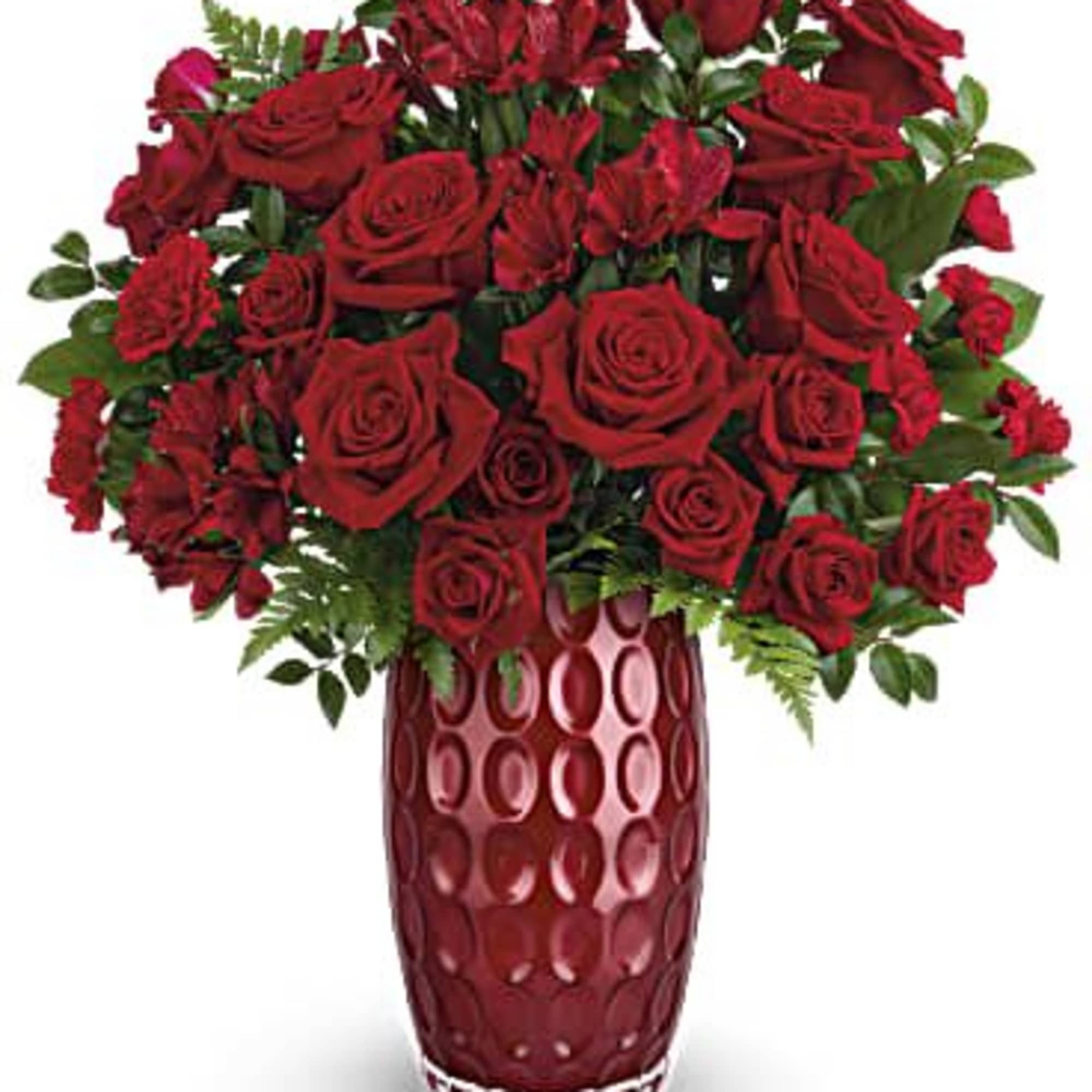 This lovely Valentine's Day arrangement features pink roses and red spray roses