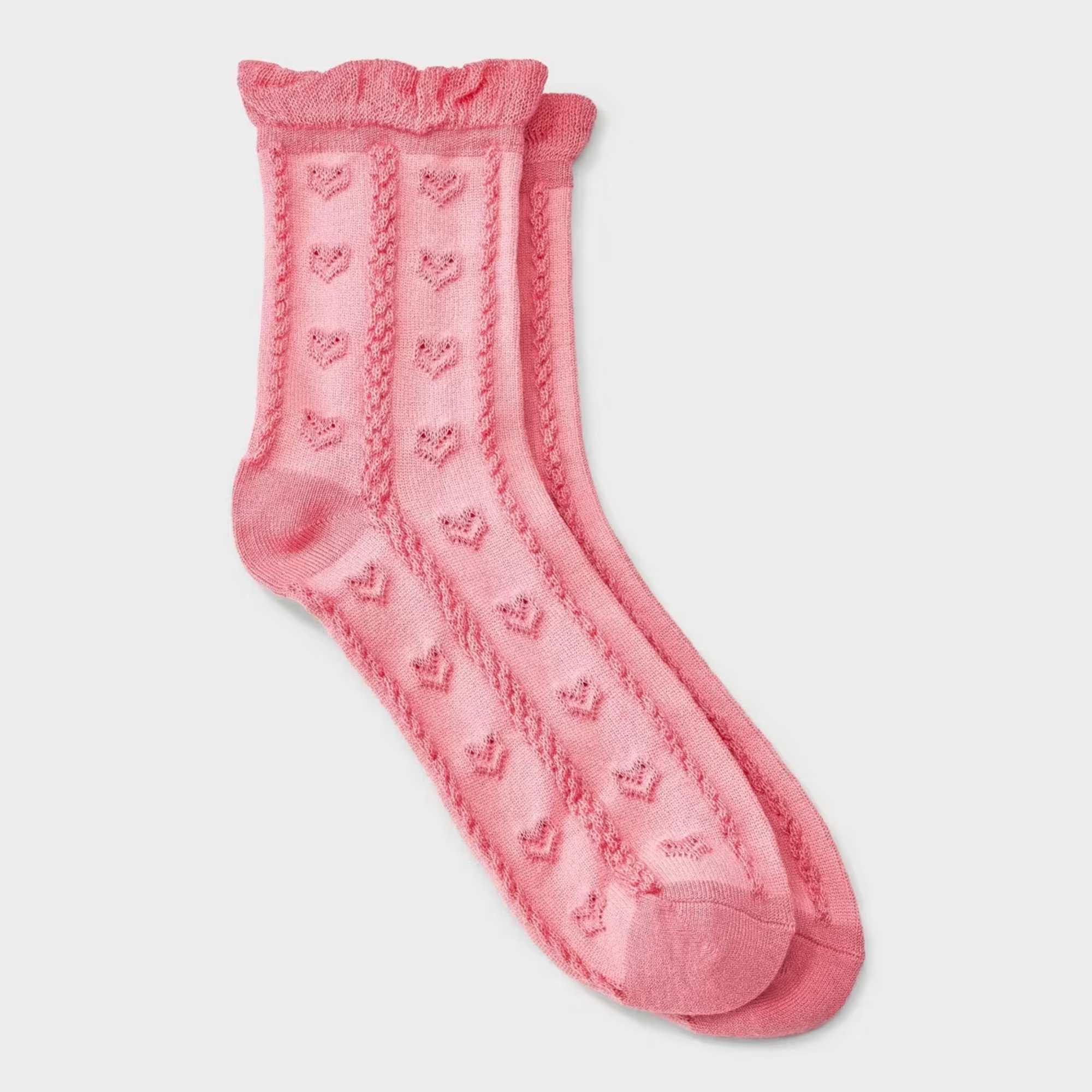 Women's Soft Ruffle Cuff Textured Hearts Valentine's Day Mid Crew Socks -